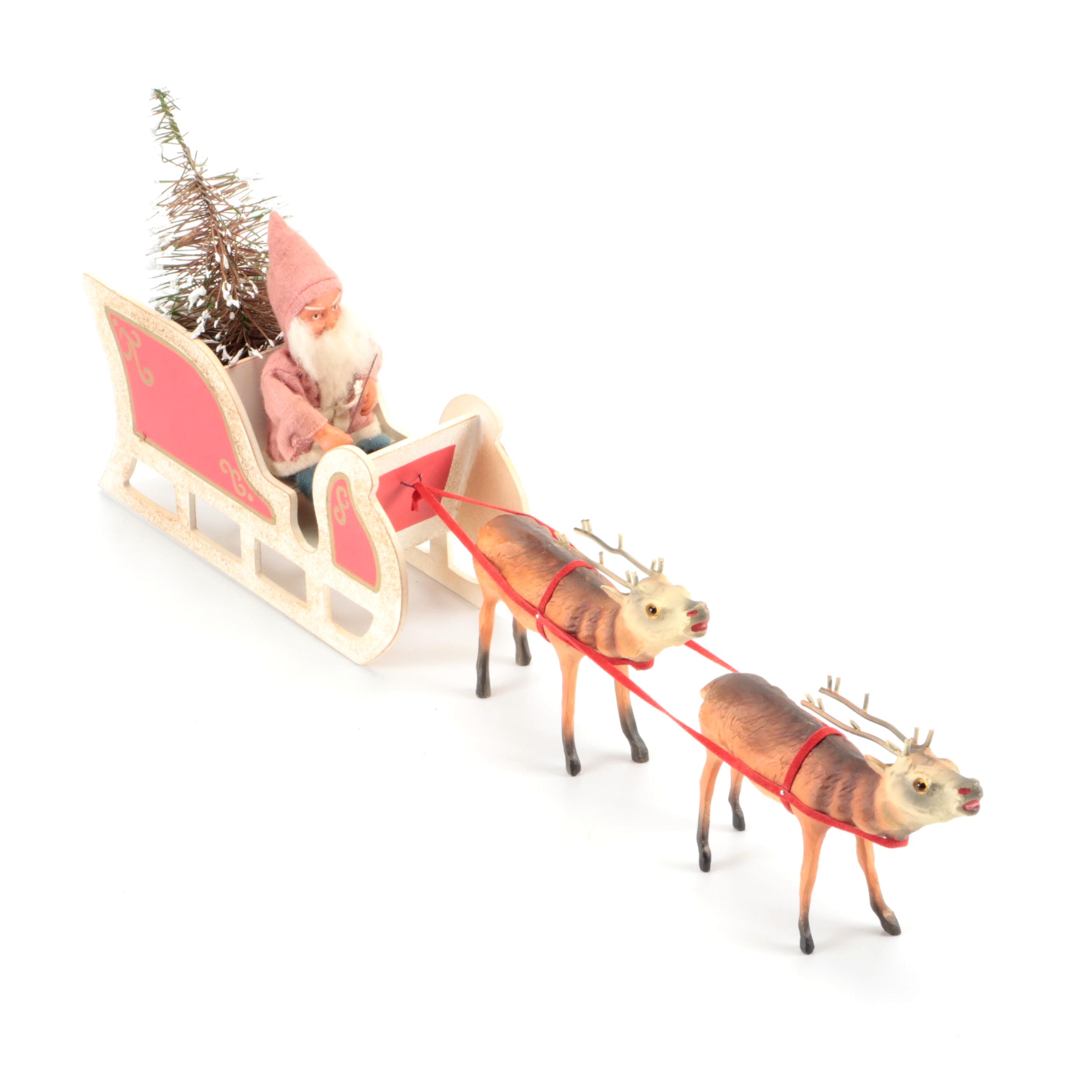 Santa and Sleigh with Reindeer Figurine, Mid to Late 20th Century