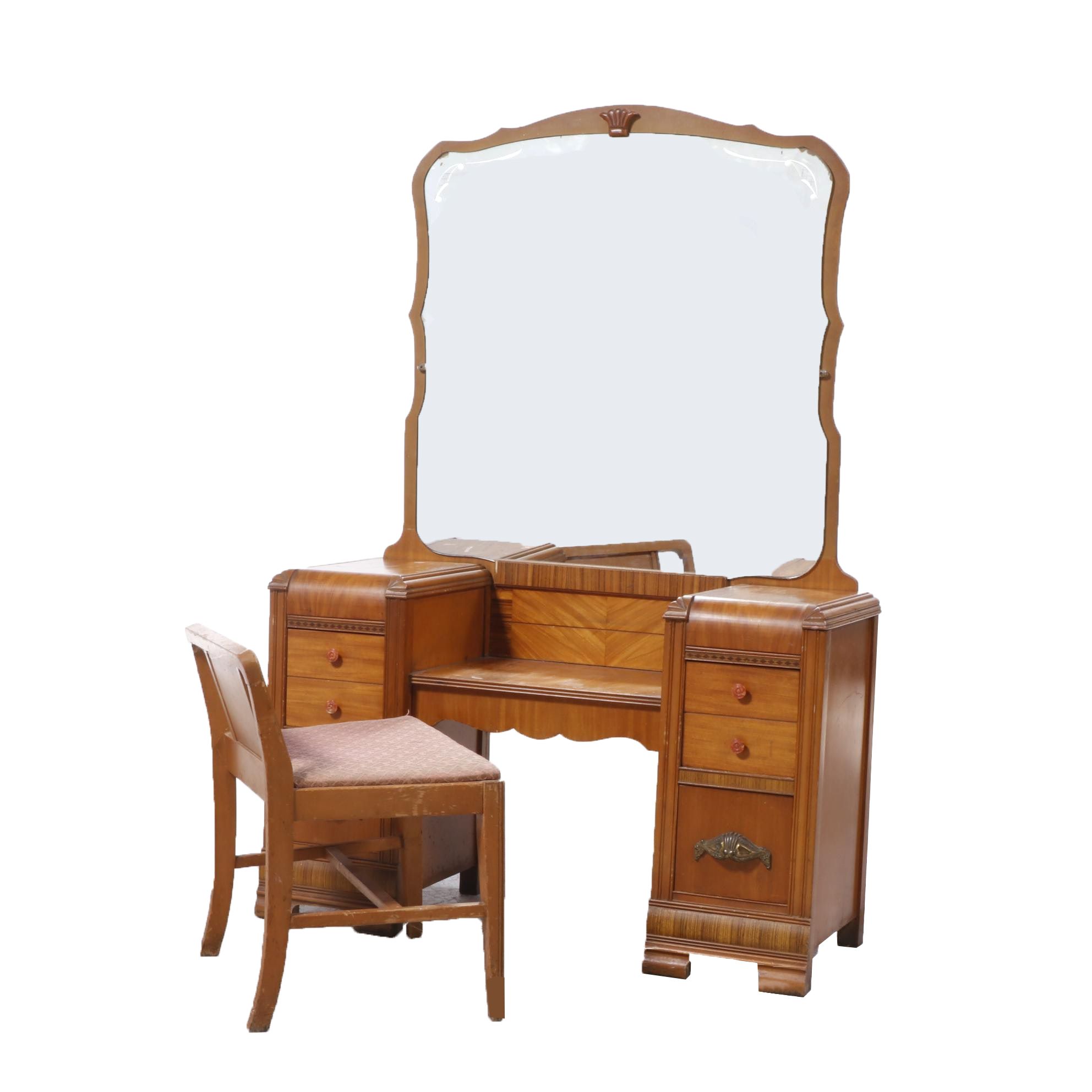 Webb Furniture Co. Art Deco Waterfall Vanity Table and Stool, circa 1930