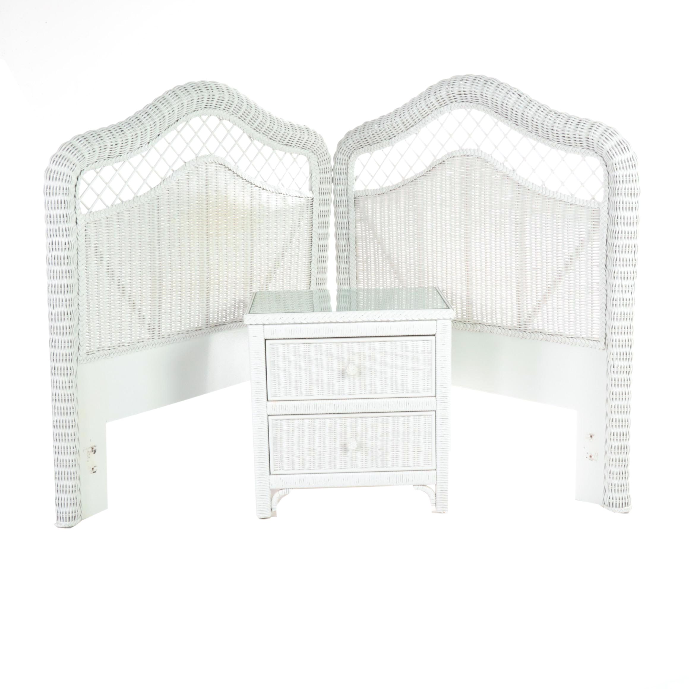 Two Lexington/Henry Link White-Painted Wicker Twin Headboards and Nightstand