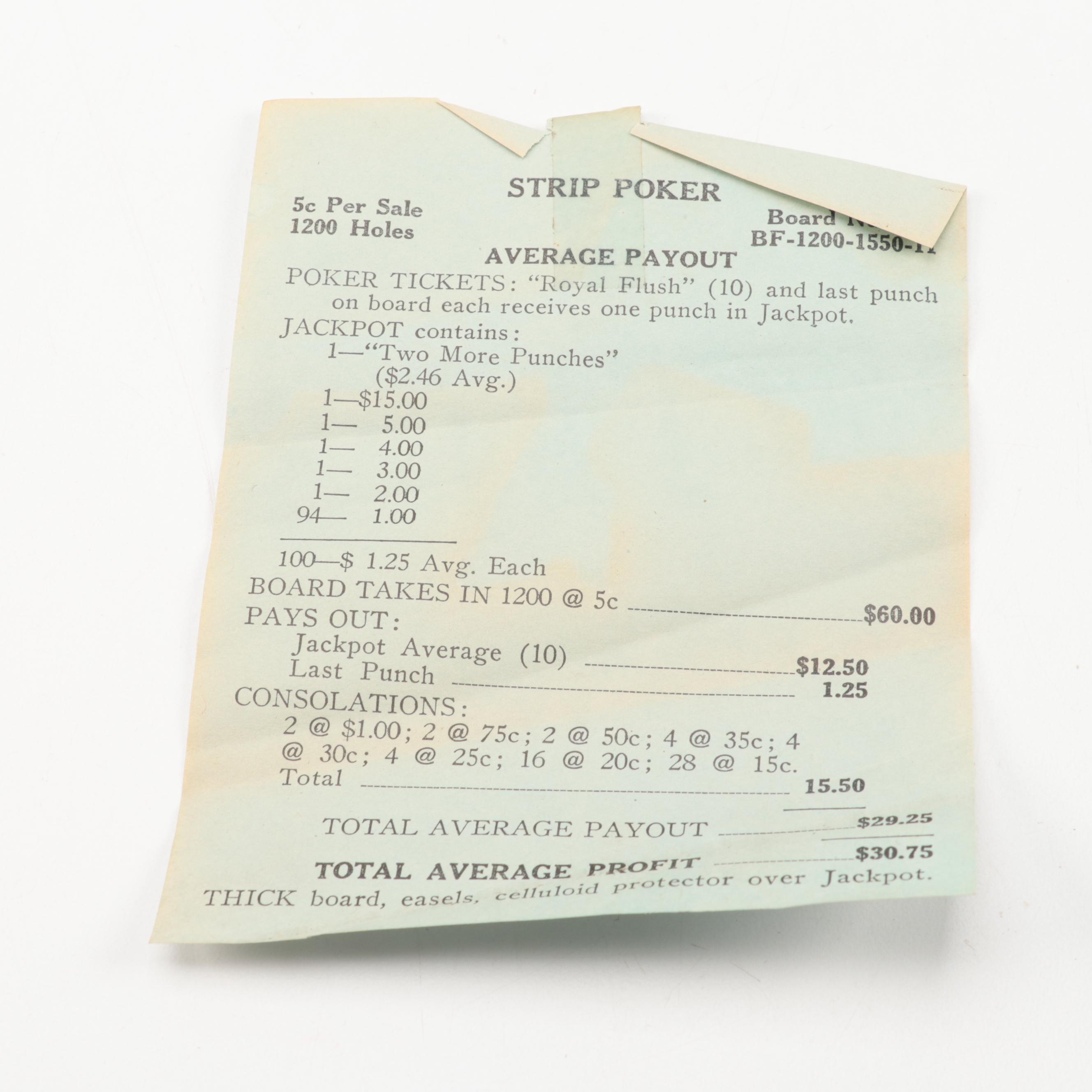 Strip Poker Punch Board, Mid-20th Century