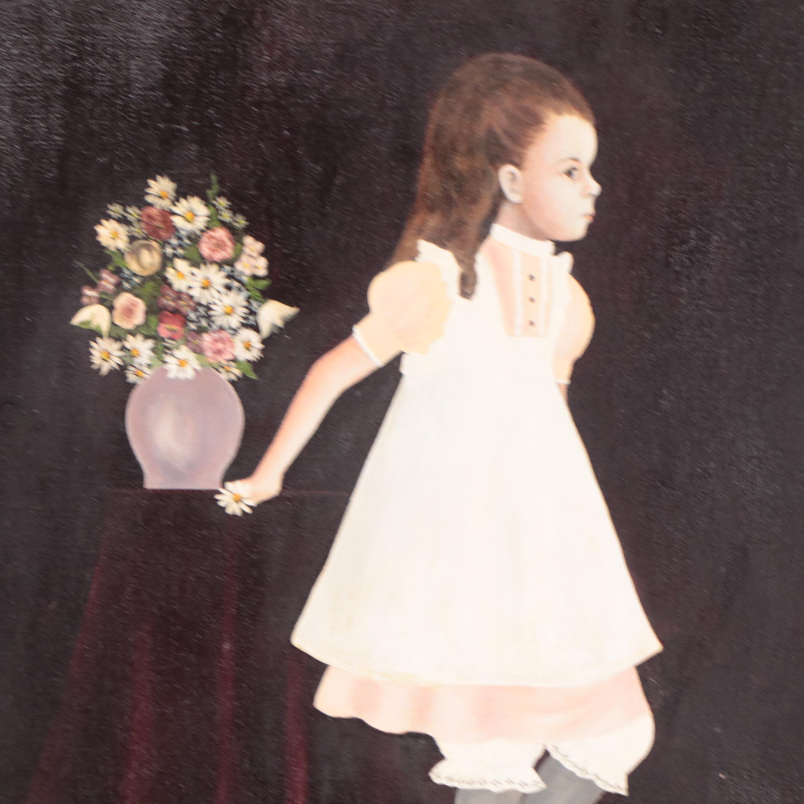 Myra Kapica Portrait Oil Painting of Girl with Cat and Flowers, 1969