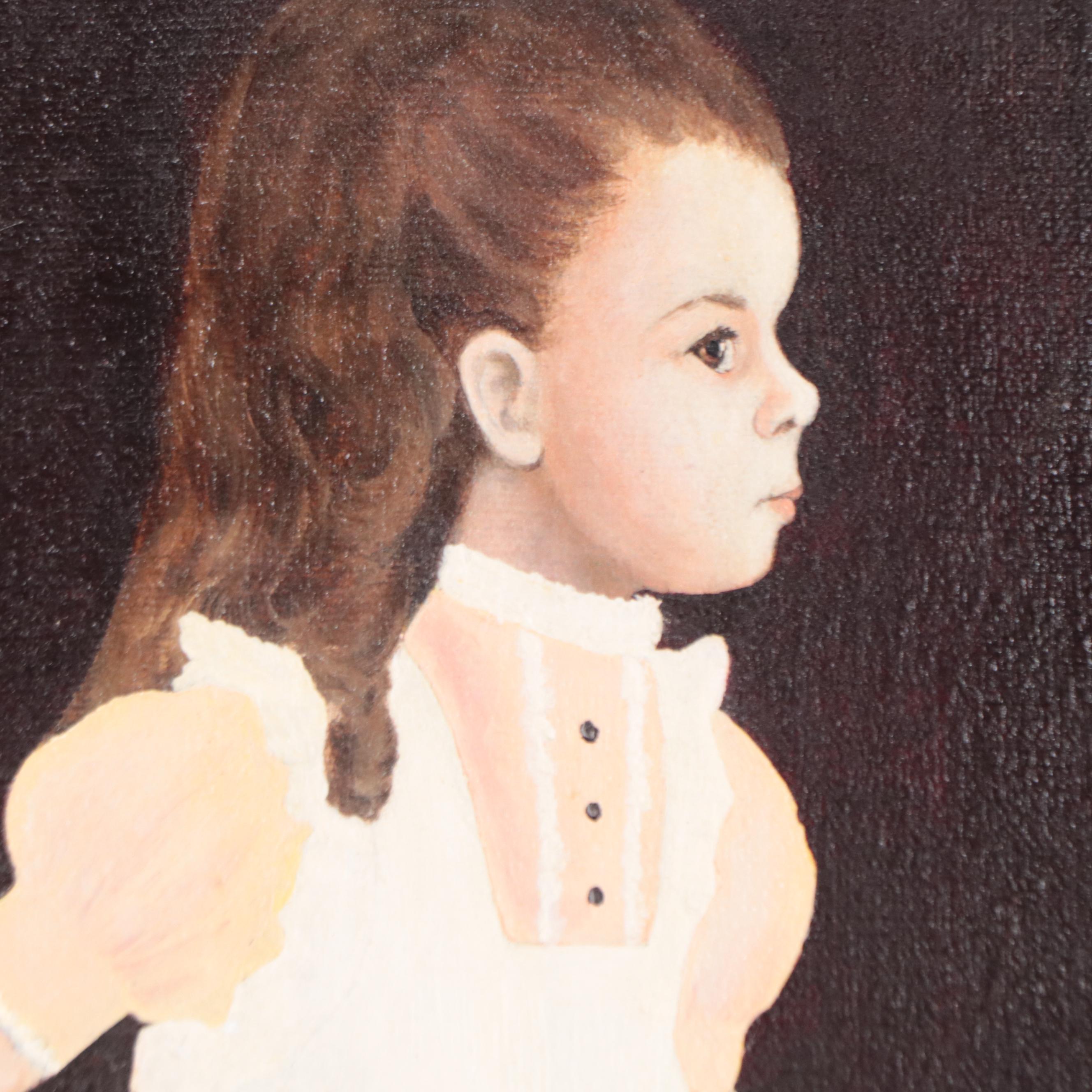 Myra Kapica Portrait Oil Painting of Girl with Cat and Flowers, 1969