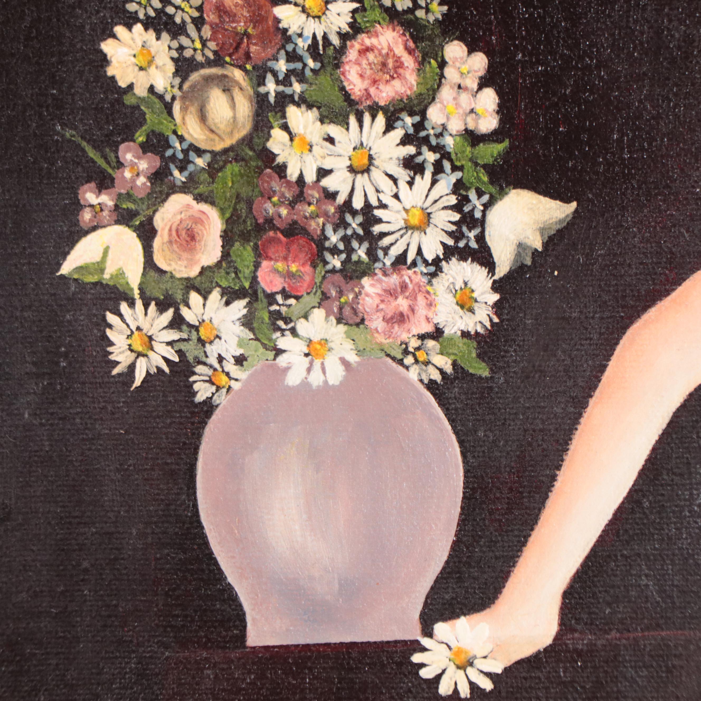 Myra Kapica Portrait Oil Painting of Girl with Cat and Flowers, 1969