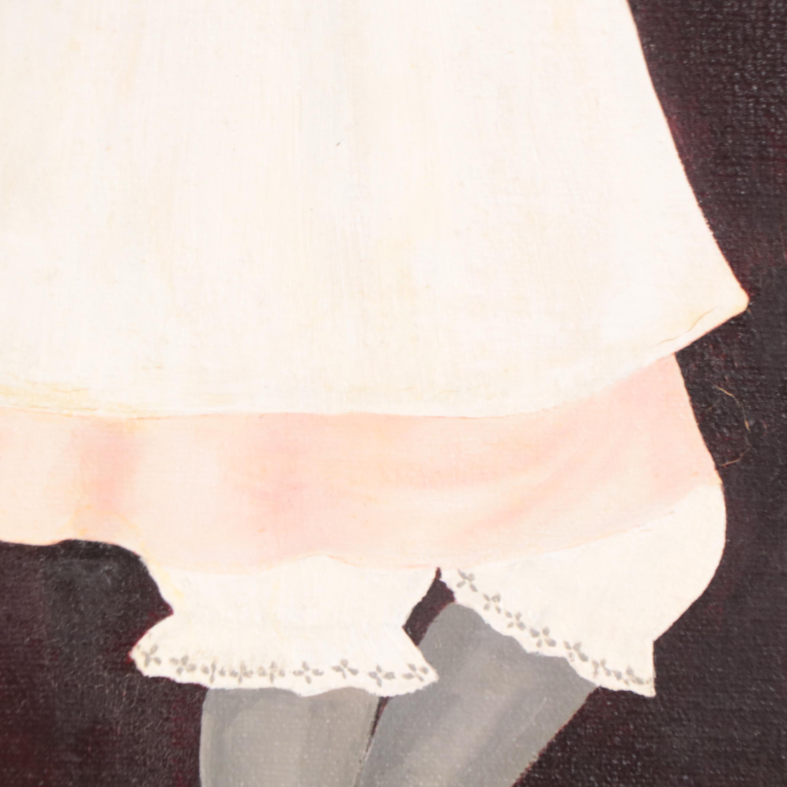 Myra Kapica Portrait Oil Painting of Girl with Cat and Flowers, 1969