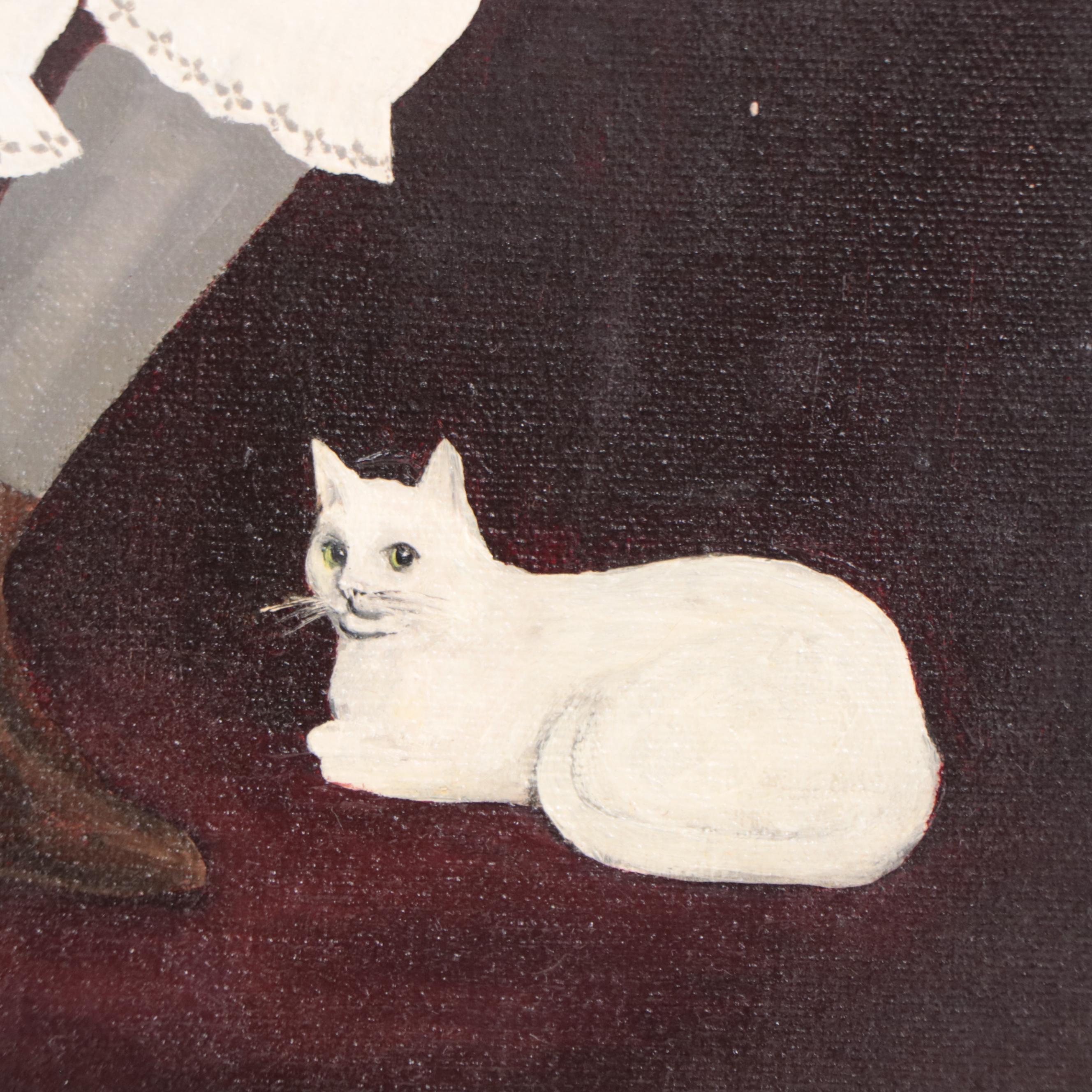 Myra Kapica Portrait Oil Painting of Girl with Cat and Flowers, 1969