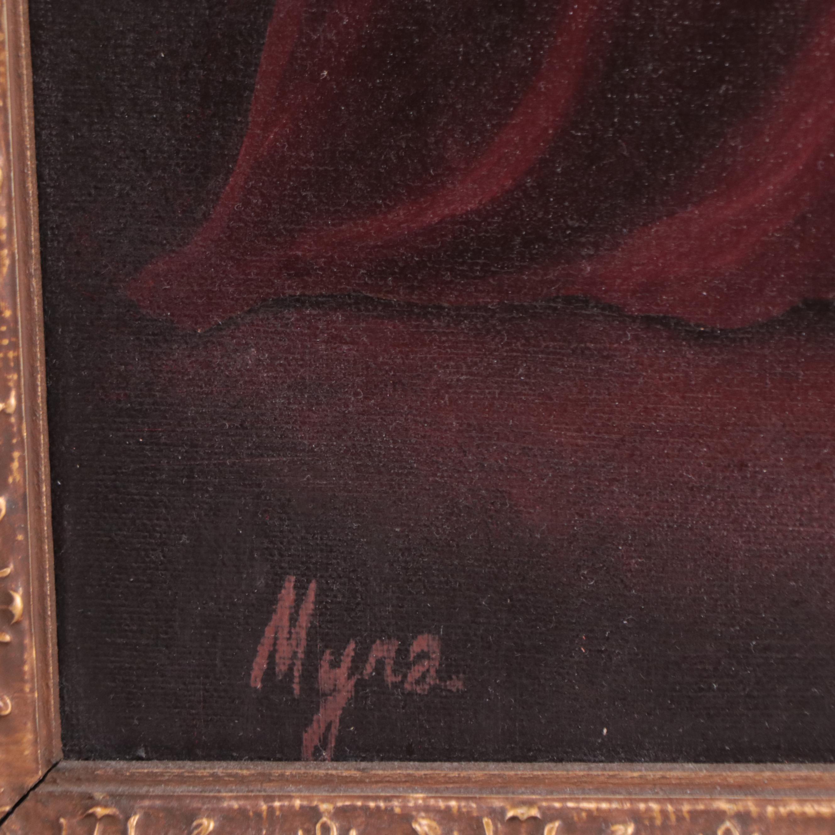 Myra Kapica Portrait Oil Painting of Girl with Cat and Flowers, 1969