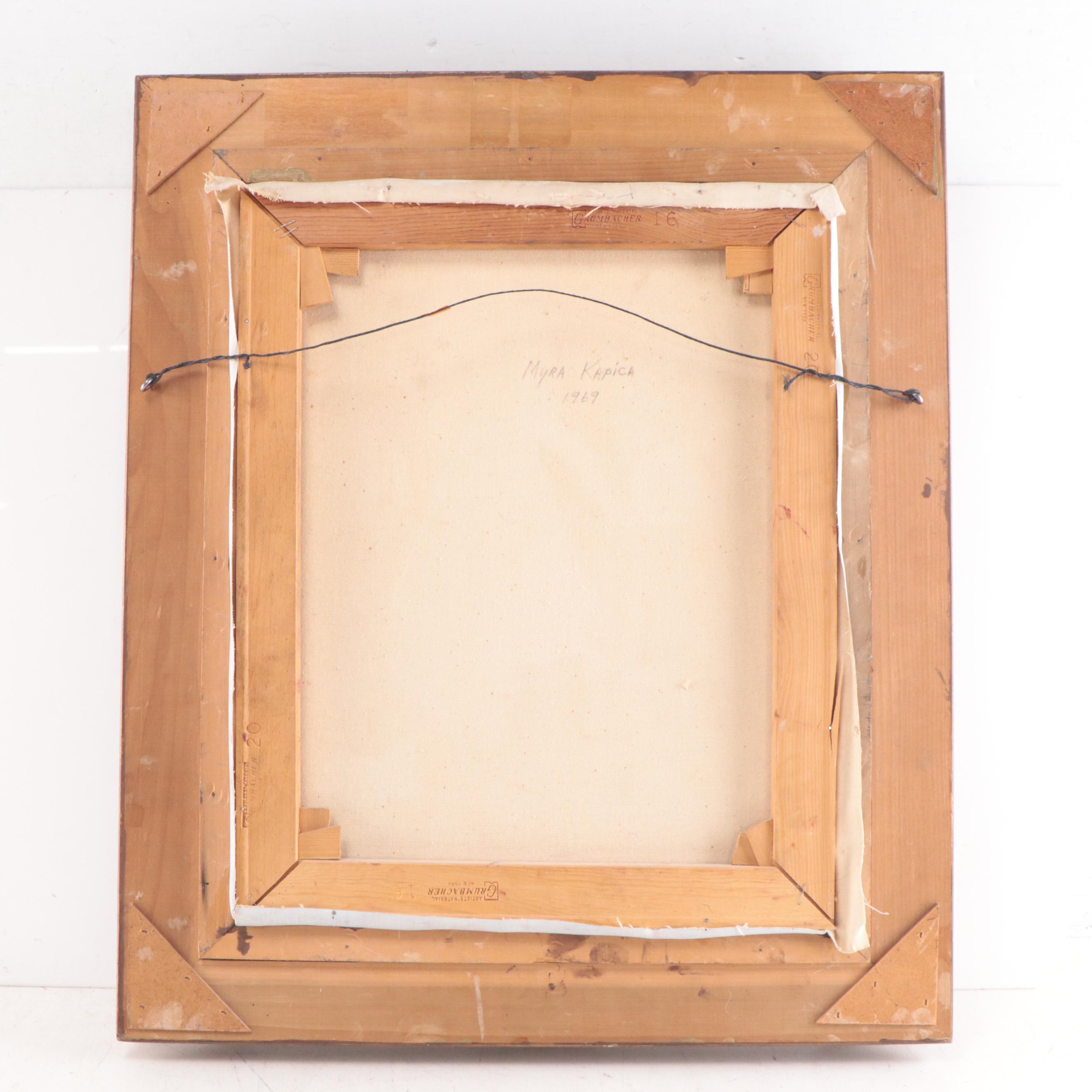 Myra Kapica Portrait Oil Painting of Girl with Cat and Flowers, 1969