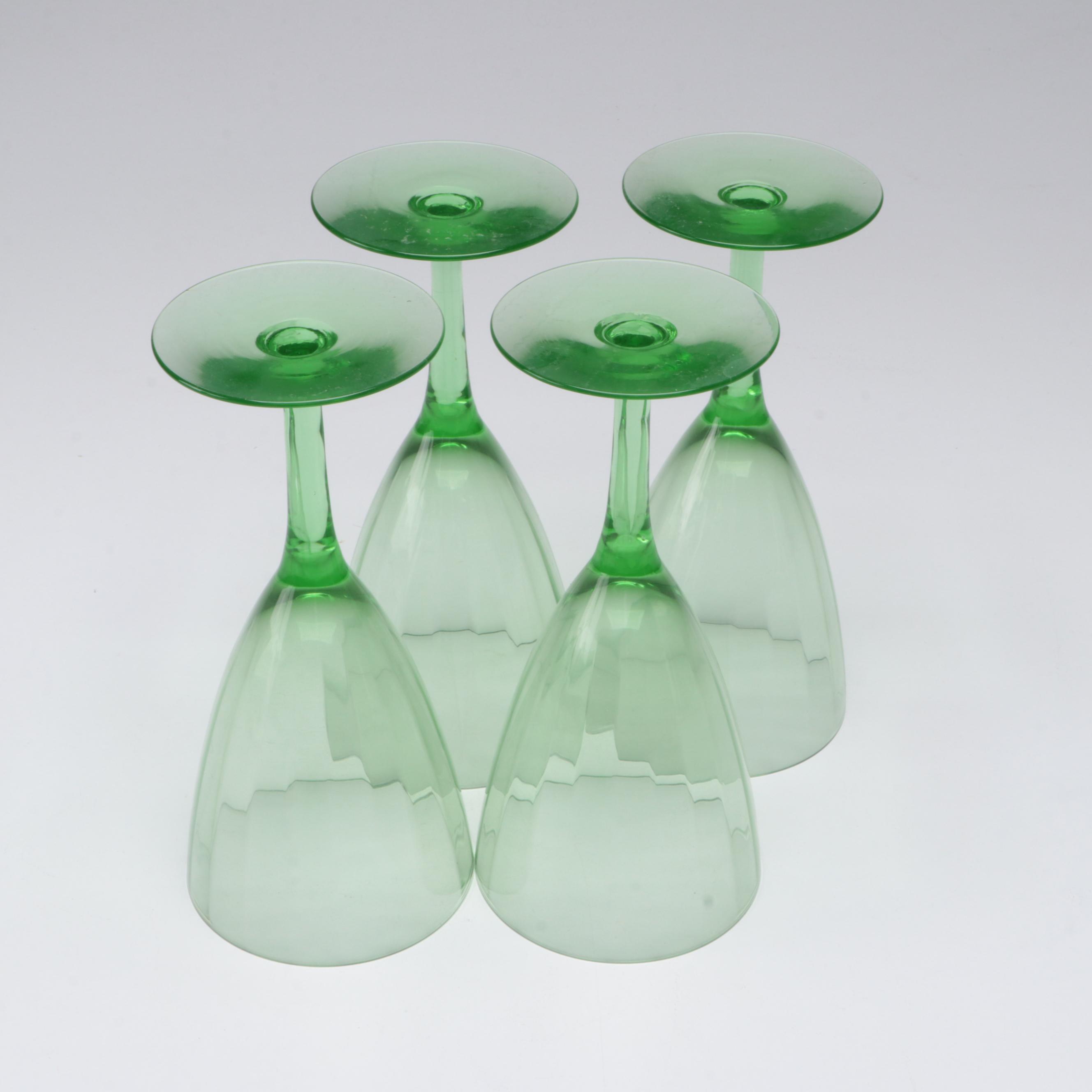 Blown Uranium Glass Candlesticks with Optic Stemware and Swirled Decanter