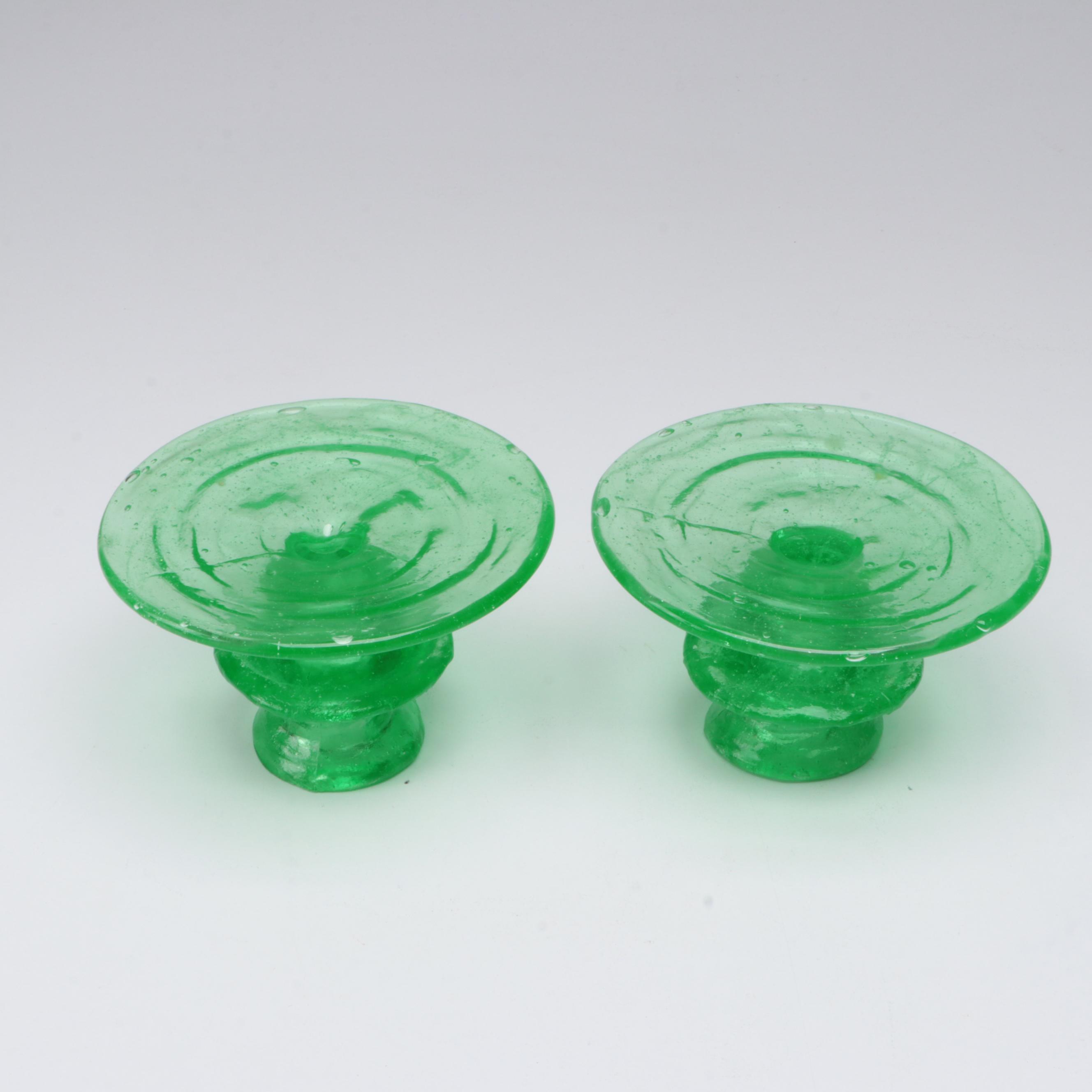 Blown Uranium Glass Candlesticks with Optic Stemware and Swirled Decanter