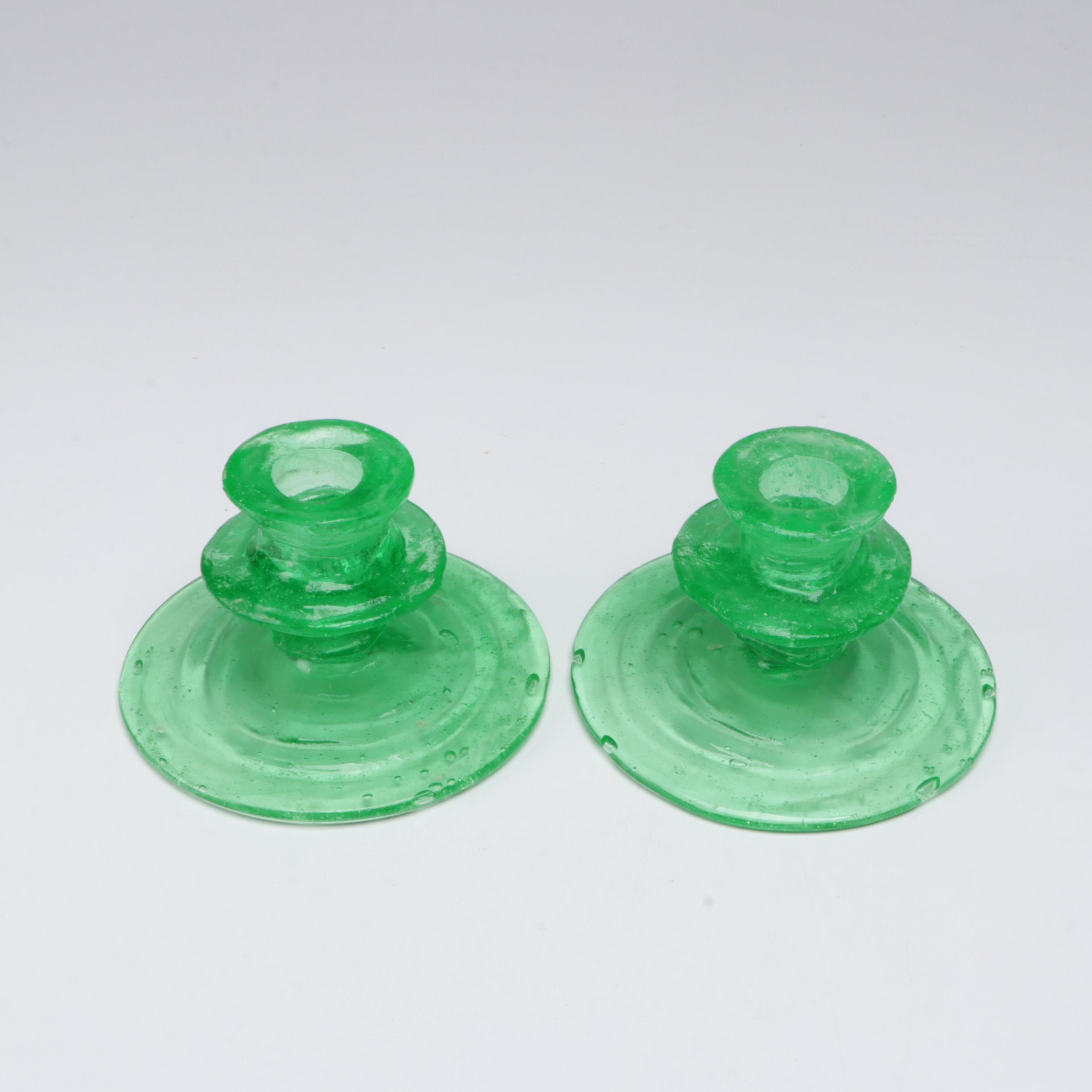 Blown Uranium Glass Candlesticks with Optic Stemware and Swirled Decanter