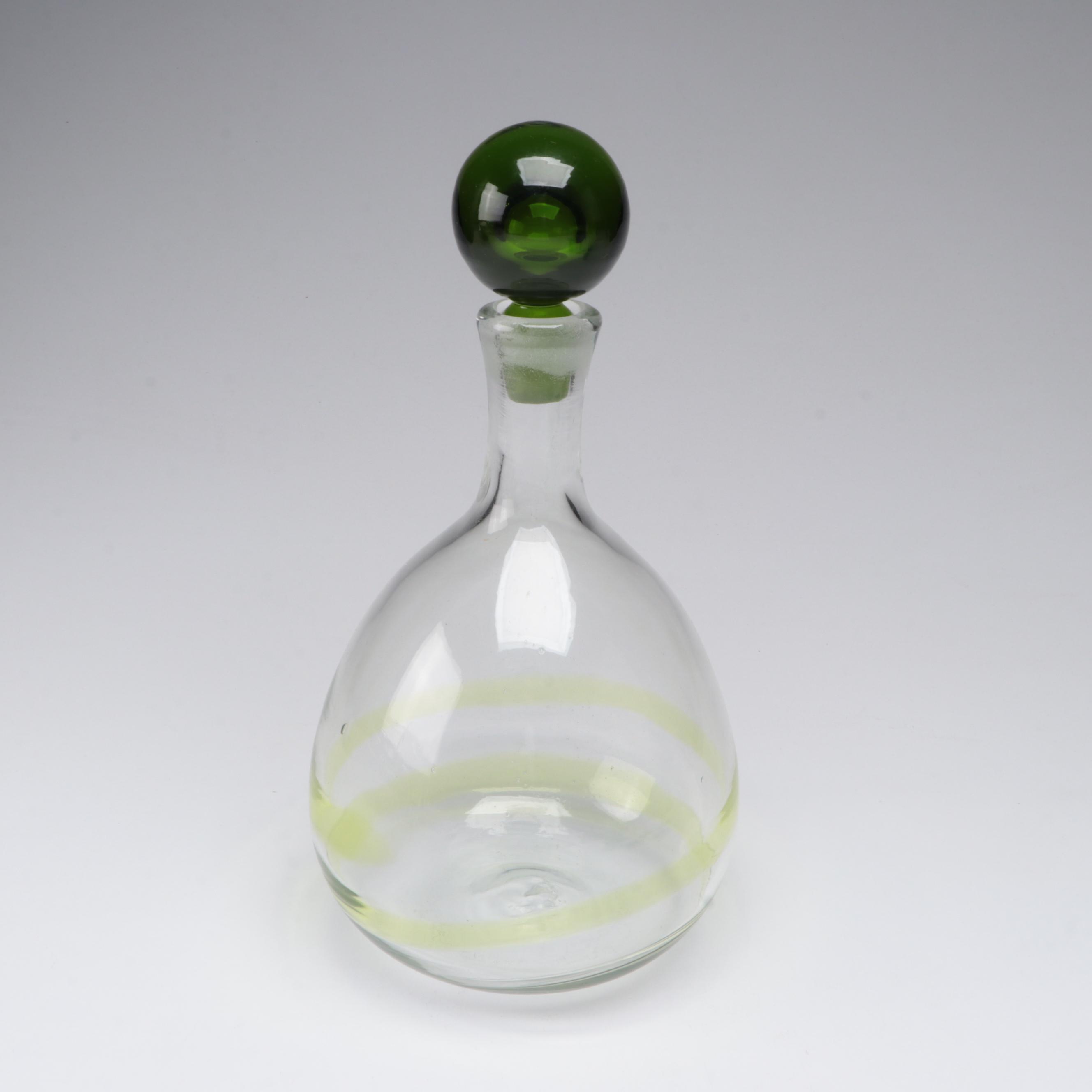 Blown Uranium Glass Candlesticks with Optic Stemware and Swirled Decanter