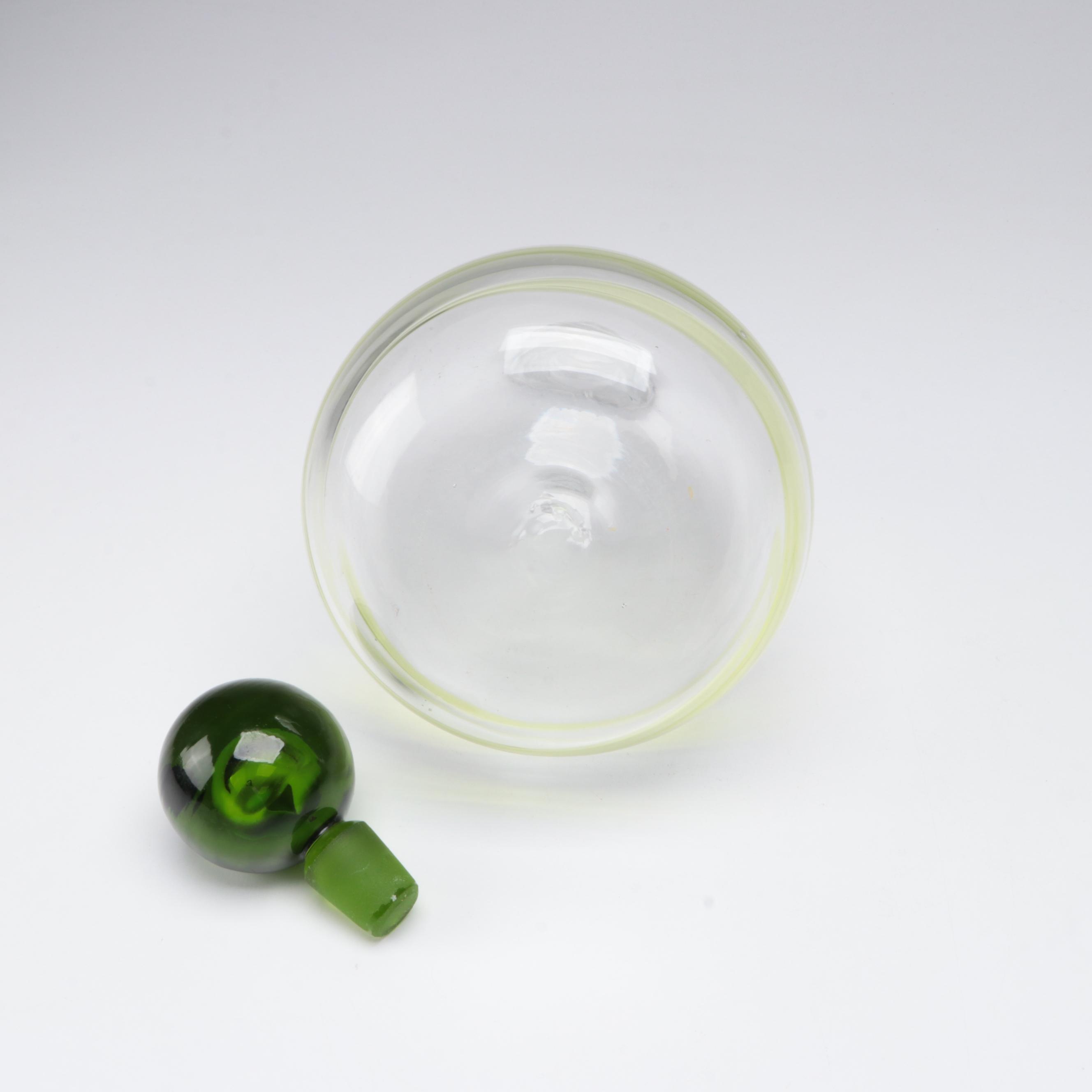 Blown Uranium Glass Candlesticks with Optic Stemware and Swirled Decanter