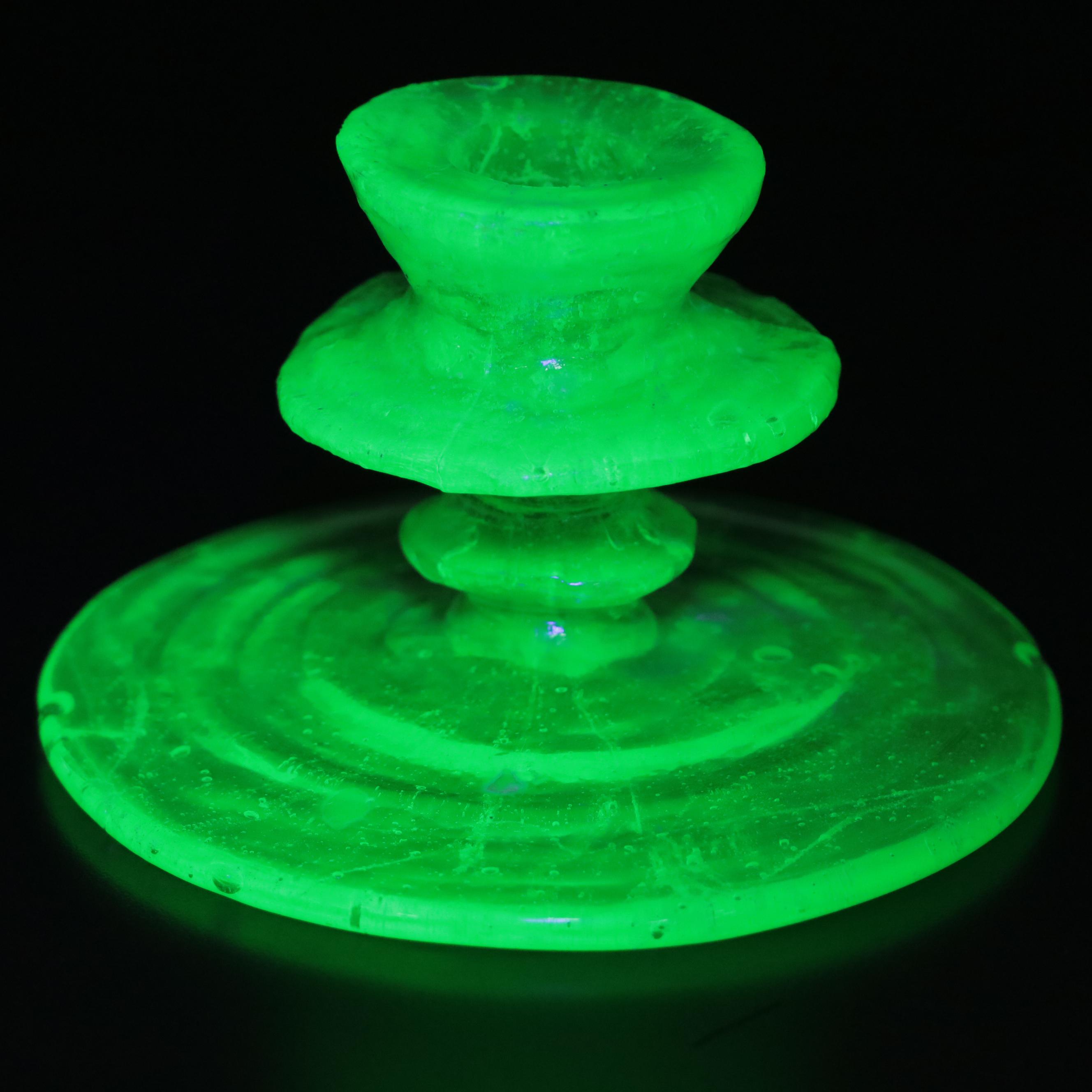 Blown Uranium Glass Candlesticks with Optic Stemware and Swirled Decanter