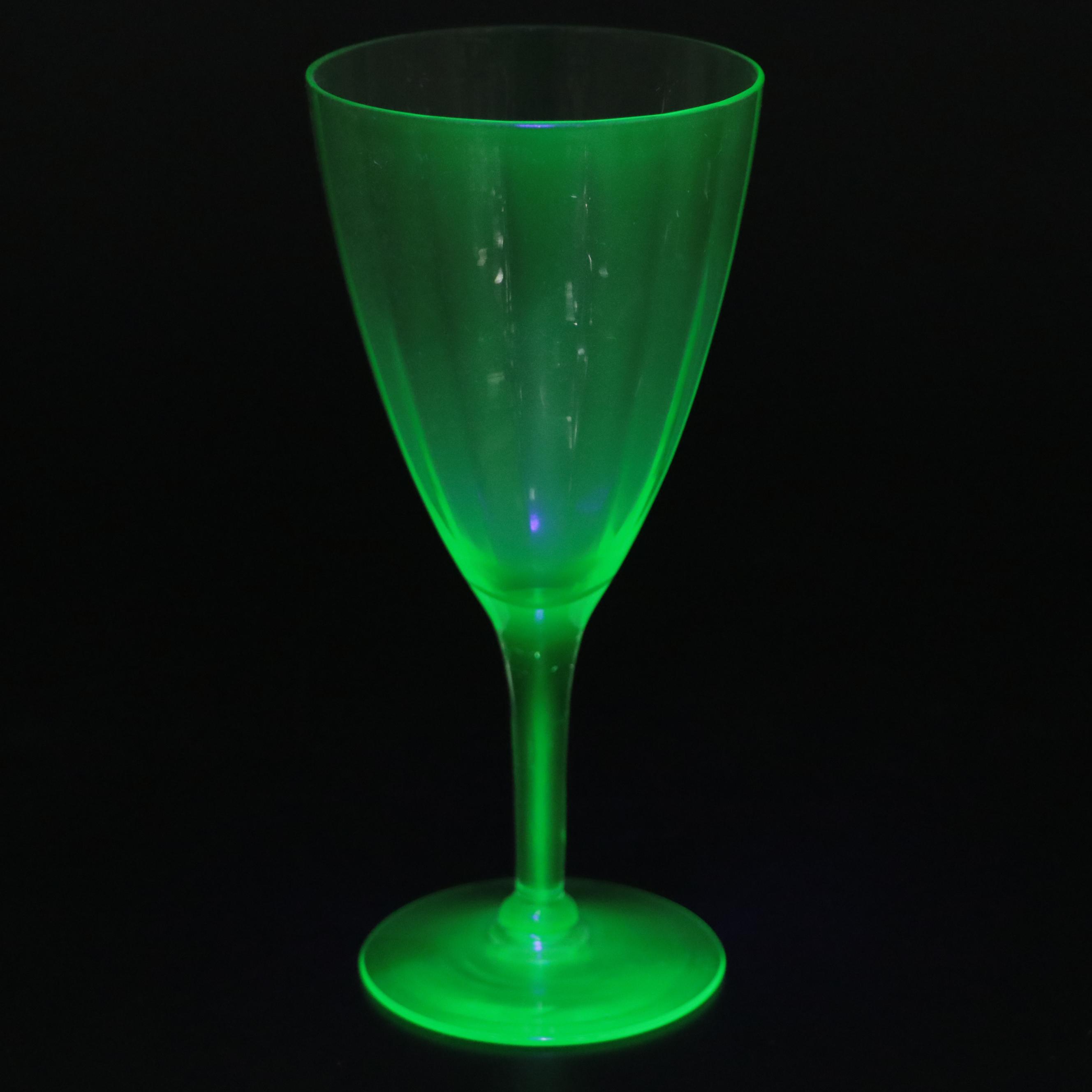 Blown Uranium Glass Candlesticks with Optic Stemware and Swirled Decanter