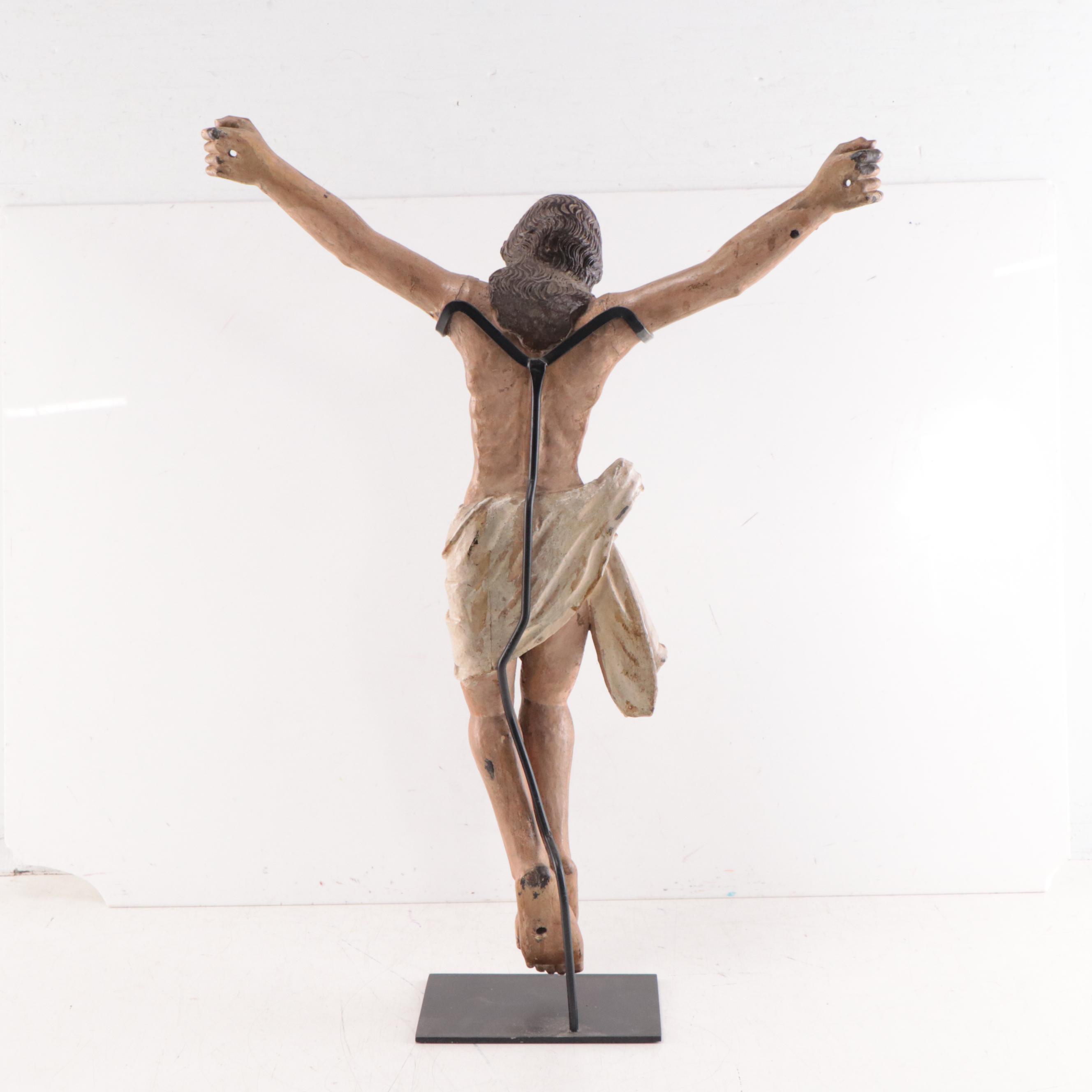 Spanish Colonial Corpus Christi or Santo Cristo Polychrome Wood Sculpture