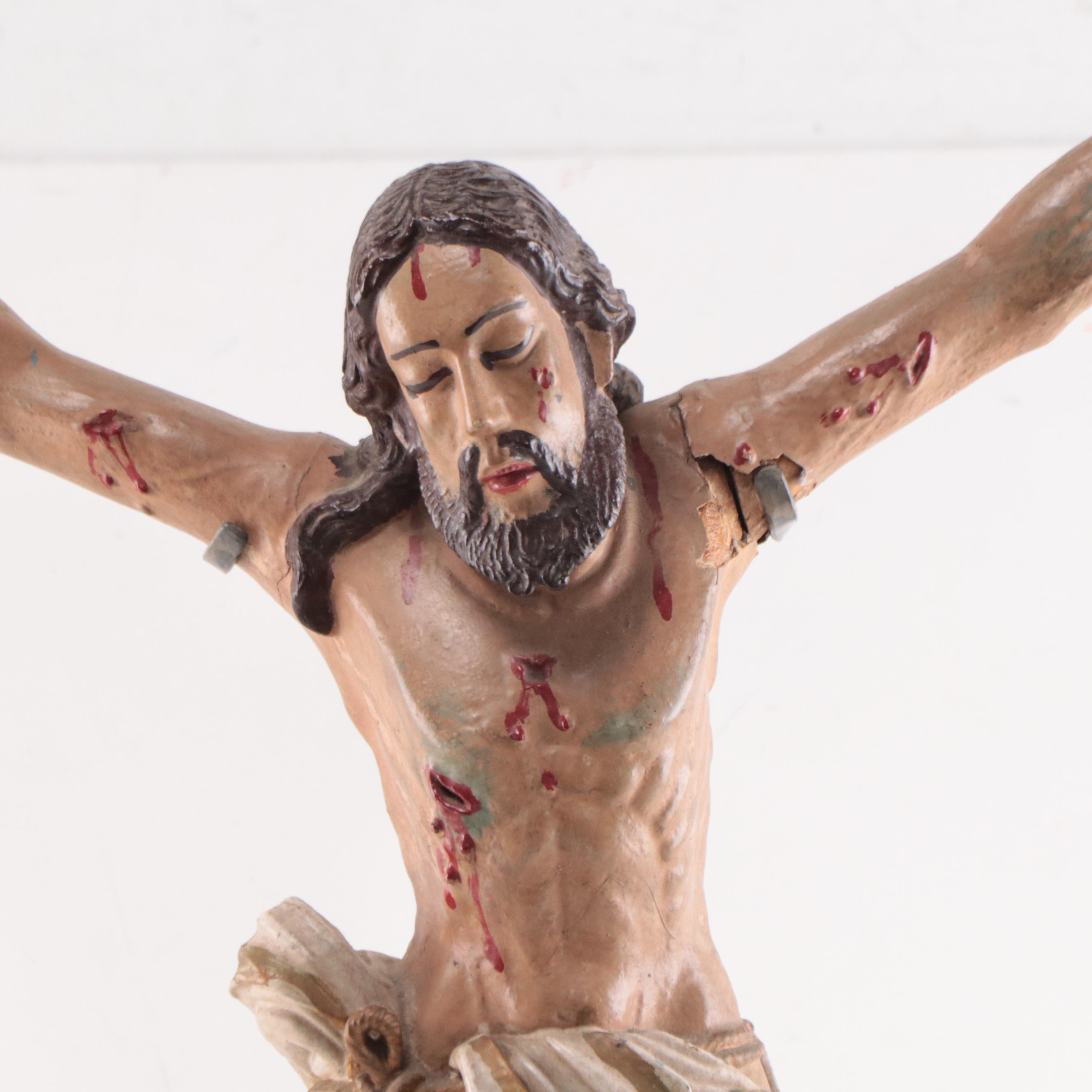 Spanish Colonial Corpus Christi or Santo Cristo Polychrome Wood Sculpture