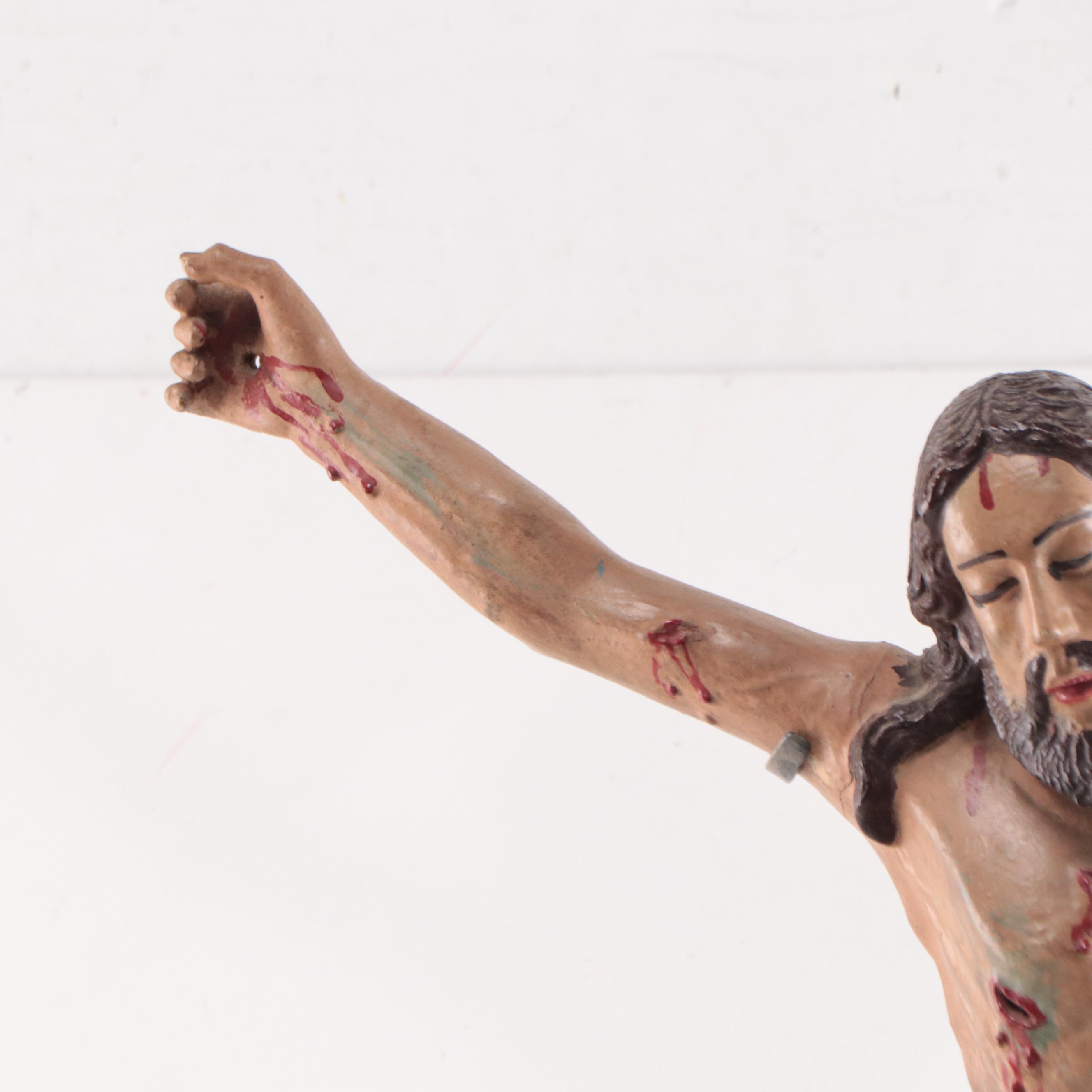 Spanish Colonial Corpus Christi or Santo Cristo Polychrome Wood Sculpture