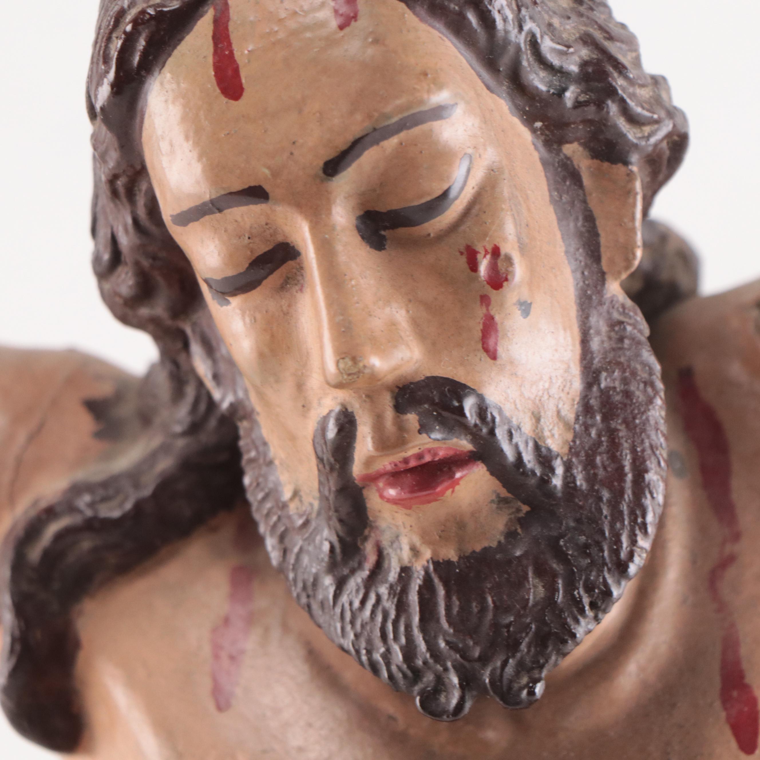 Spanish Colonial Corpus Christi or Santo Cristo Polychrome Wood Sculpture