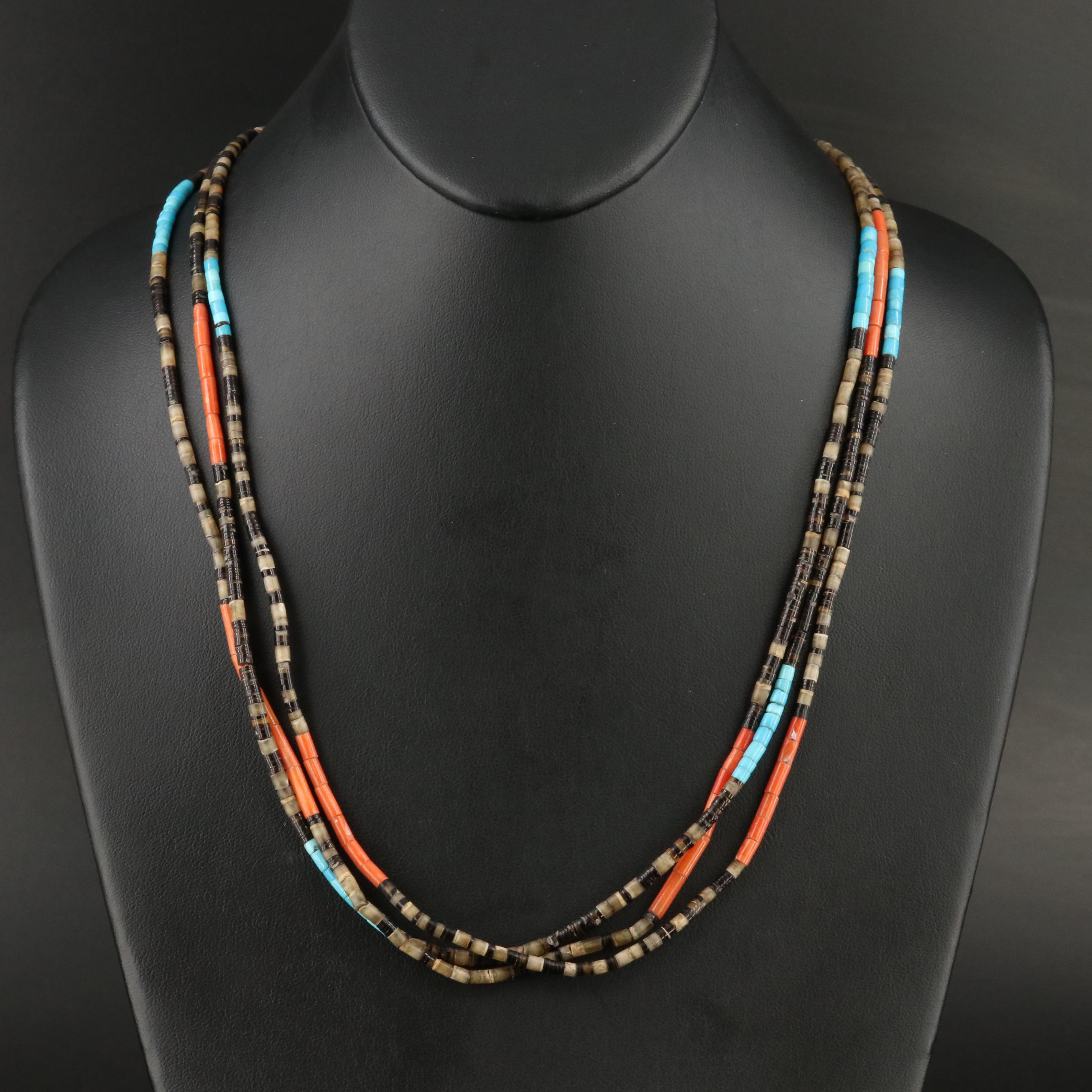 Southwestern Turquoise, Coral and Horn Heshi Bead Necklace