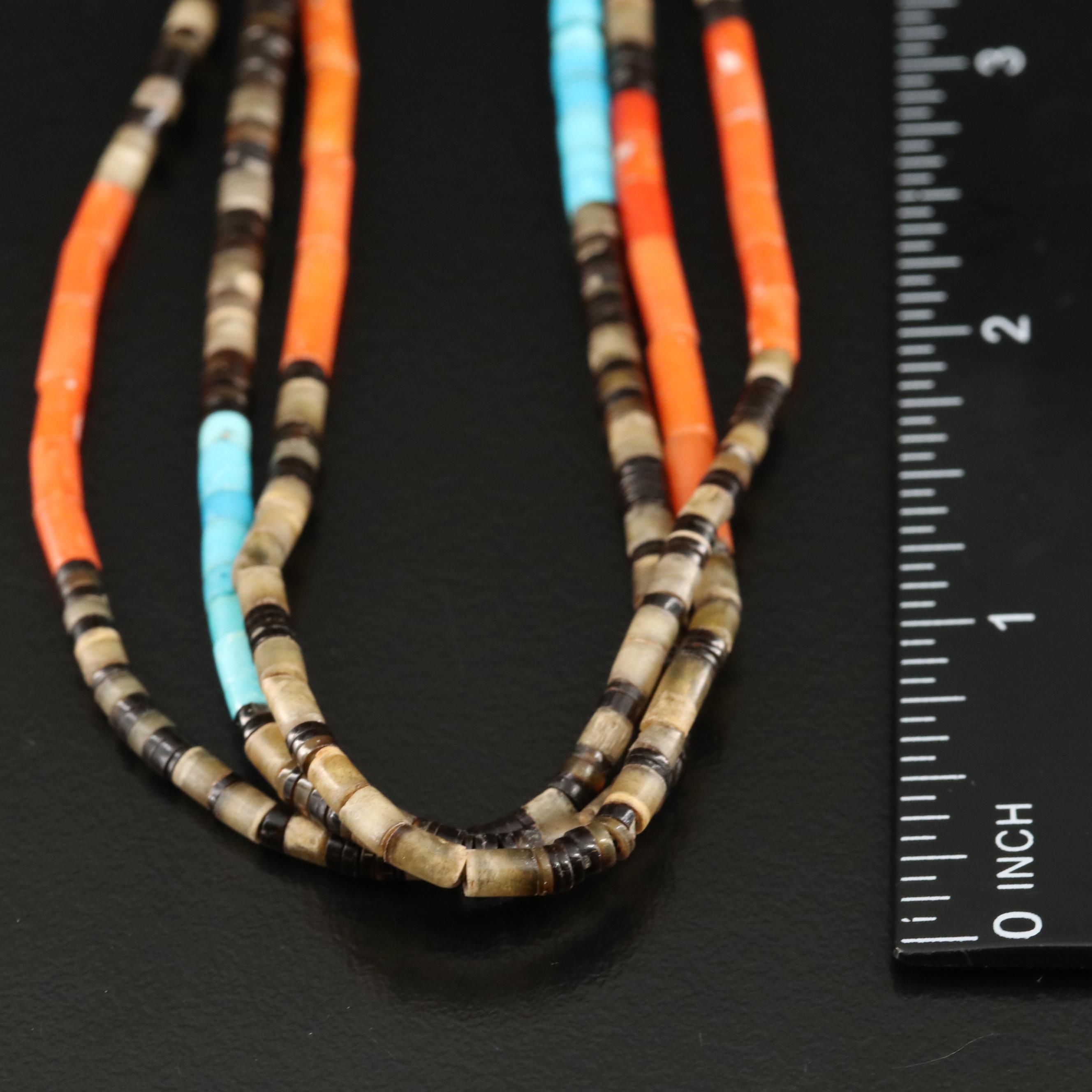 Southwestern Turquoise, Coral and Horn Heshi Bead Necklace