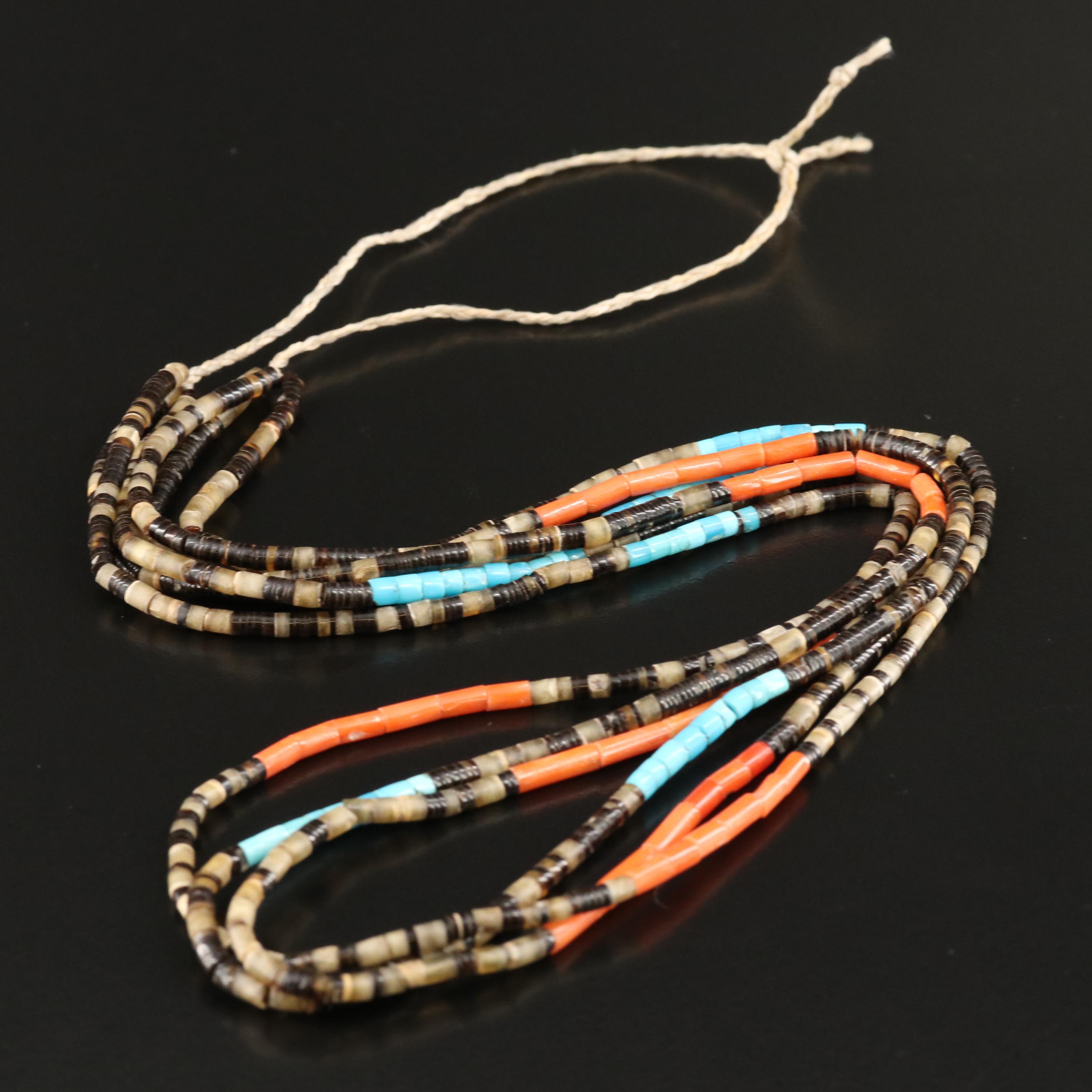 Southwestern Turquoise, Coral and Horn Heshi Bead Necklace