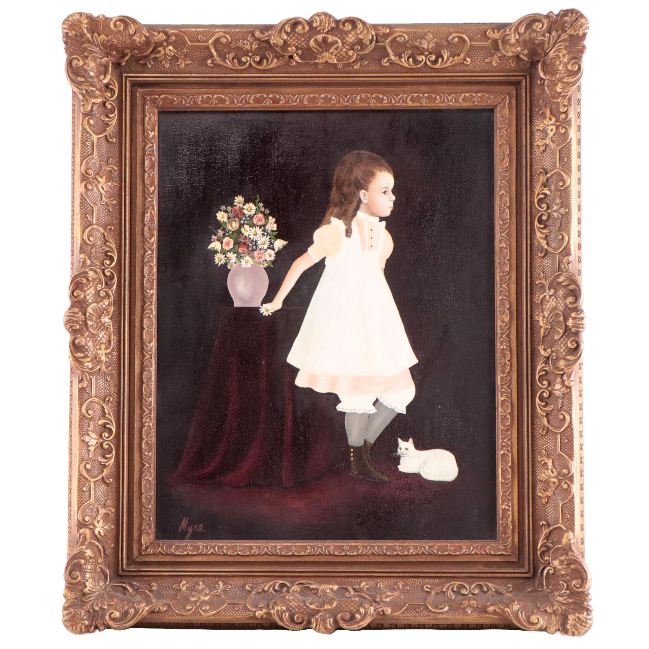 Myra Kapica Portrait Oil Painting of Girl with Cat and Flowers, 1969