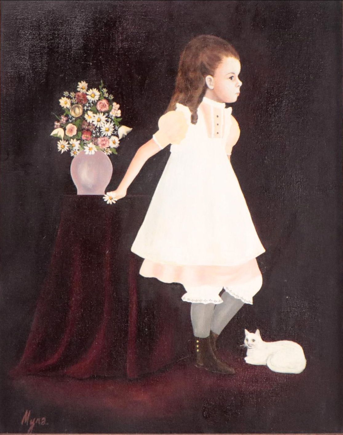 Myra Kapica Portrait Oil Painting of Girl with Cat and Flowers, 1969