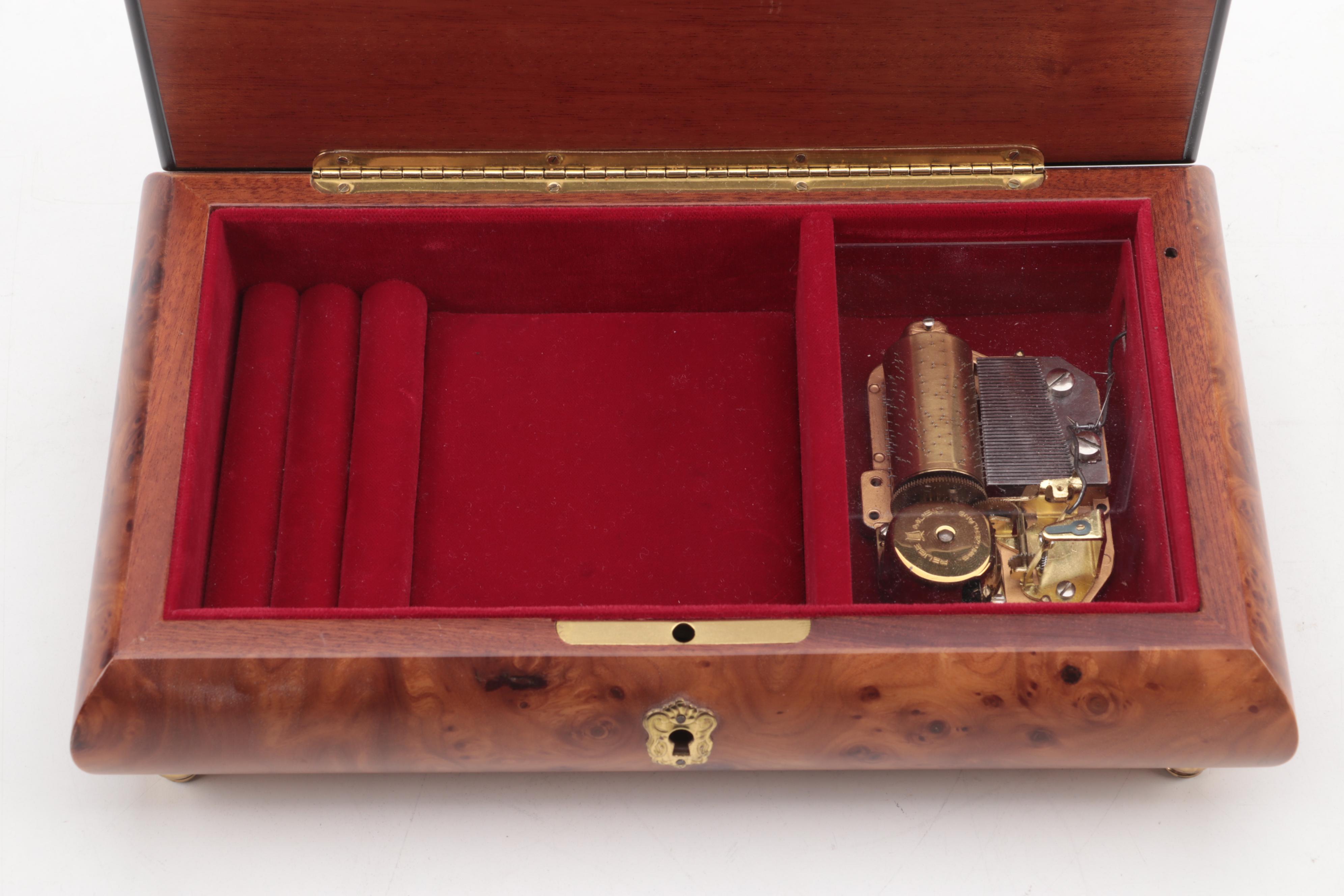 Reuge Italian Marquetry Inlaid Walnut Music / Jewelry Box