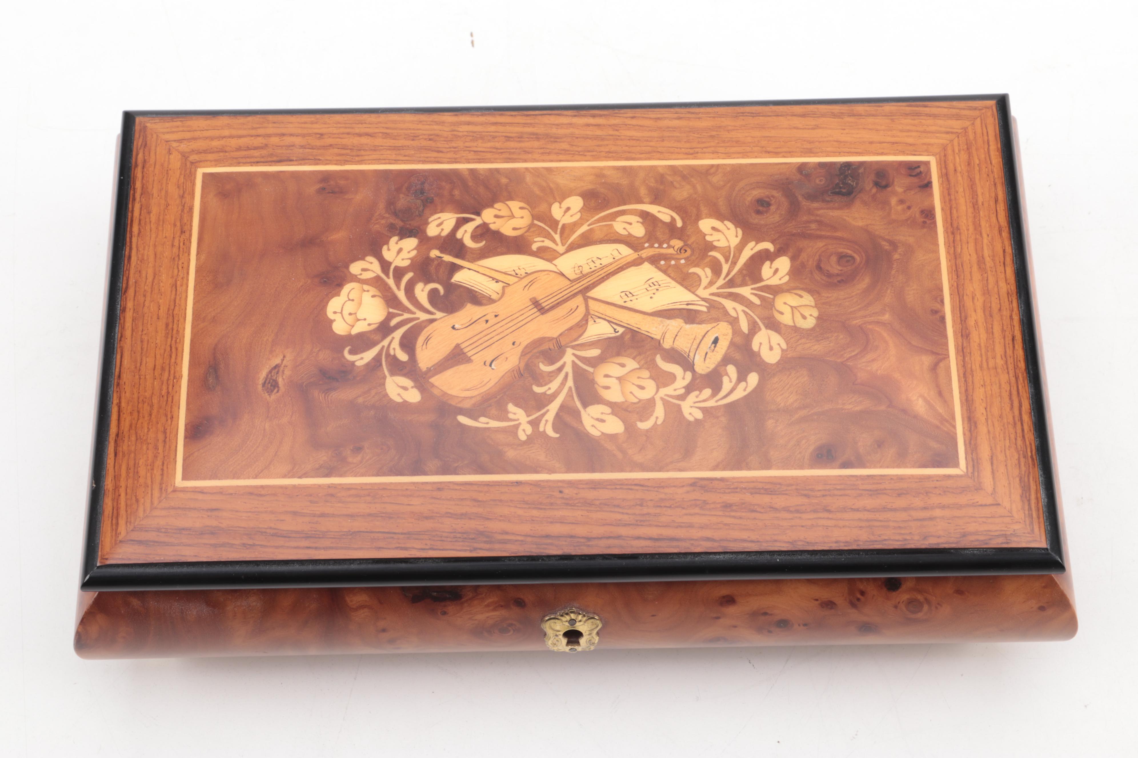 Reuge Italian Marquetry Inlaid Walnut Music / Jewelry Box