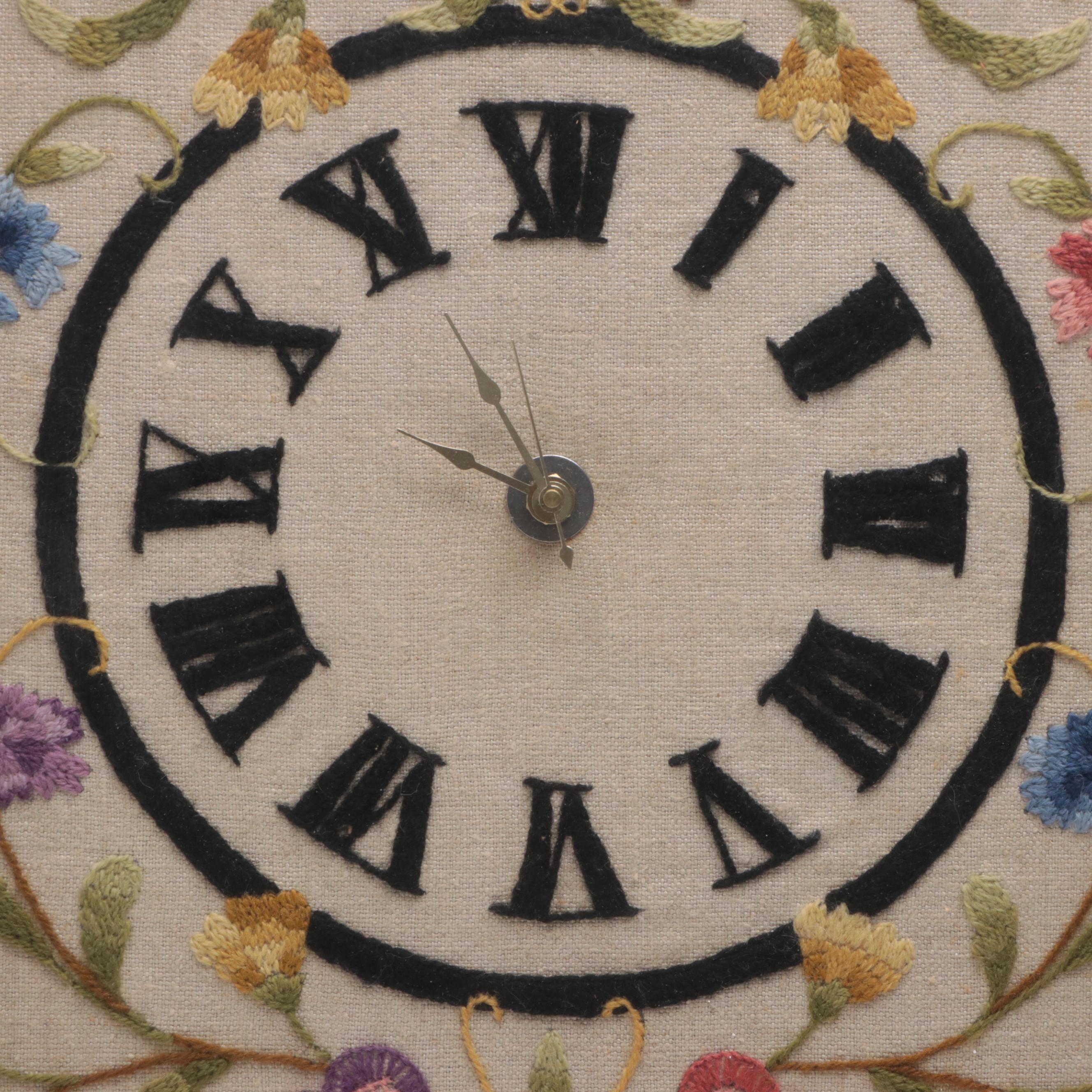Handmade Embroidered Floral Motif Wood Case Wall Clock