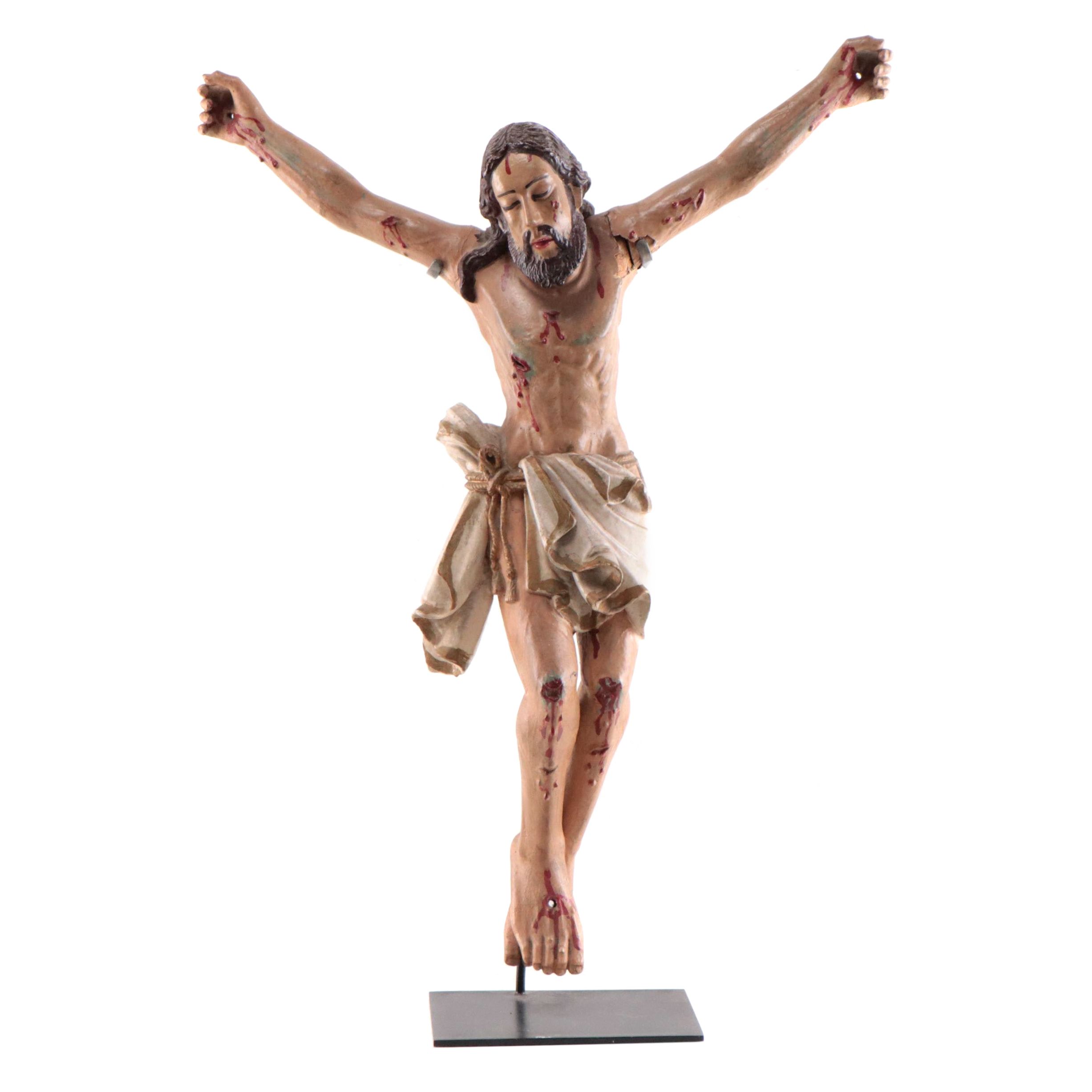 Spanish Colonial Corpus Christi or Santo Cristo Polychrome Wood Sculpture