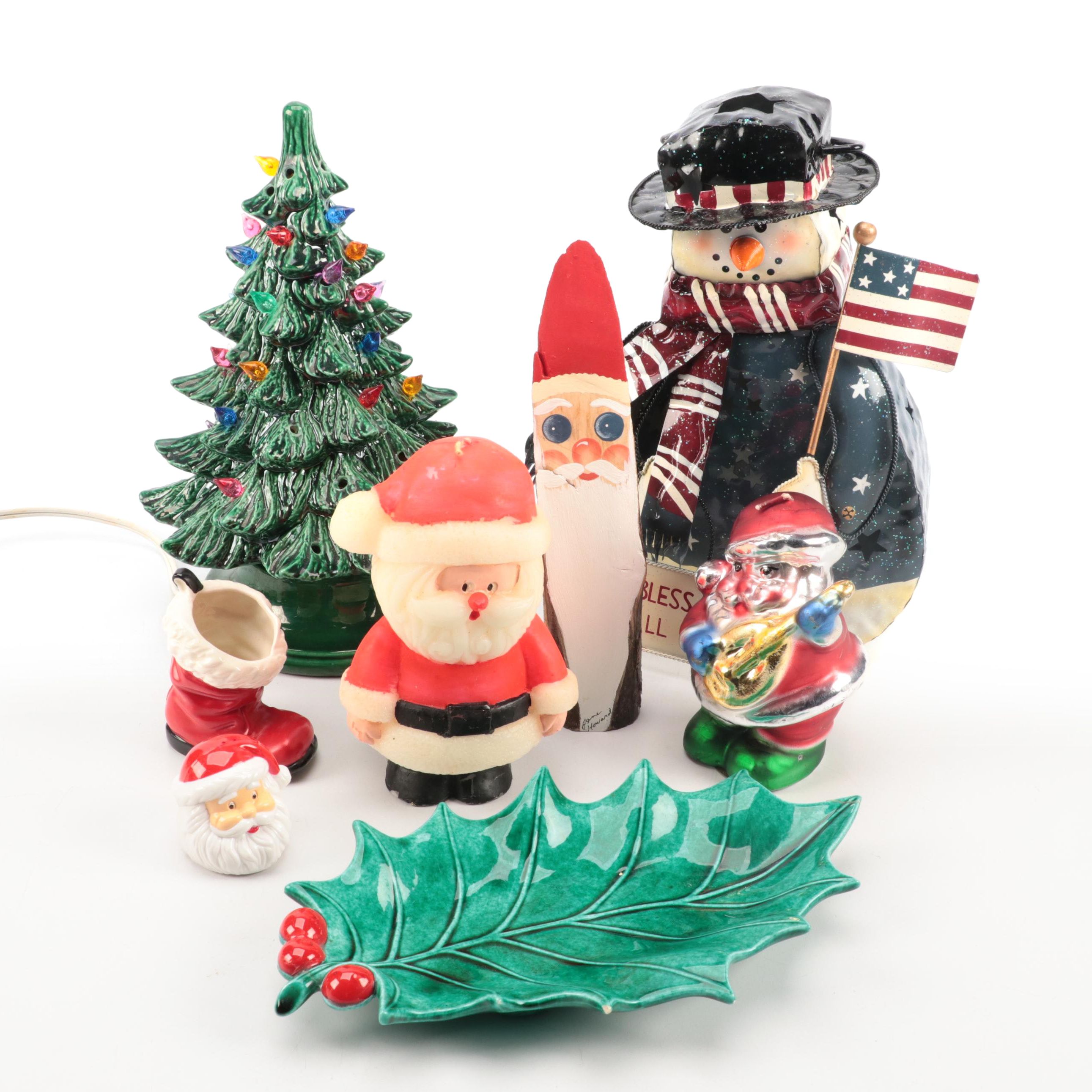 Holland Mold Mistletoe Dish with Metal Snowman and Other Christmas Décor