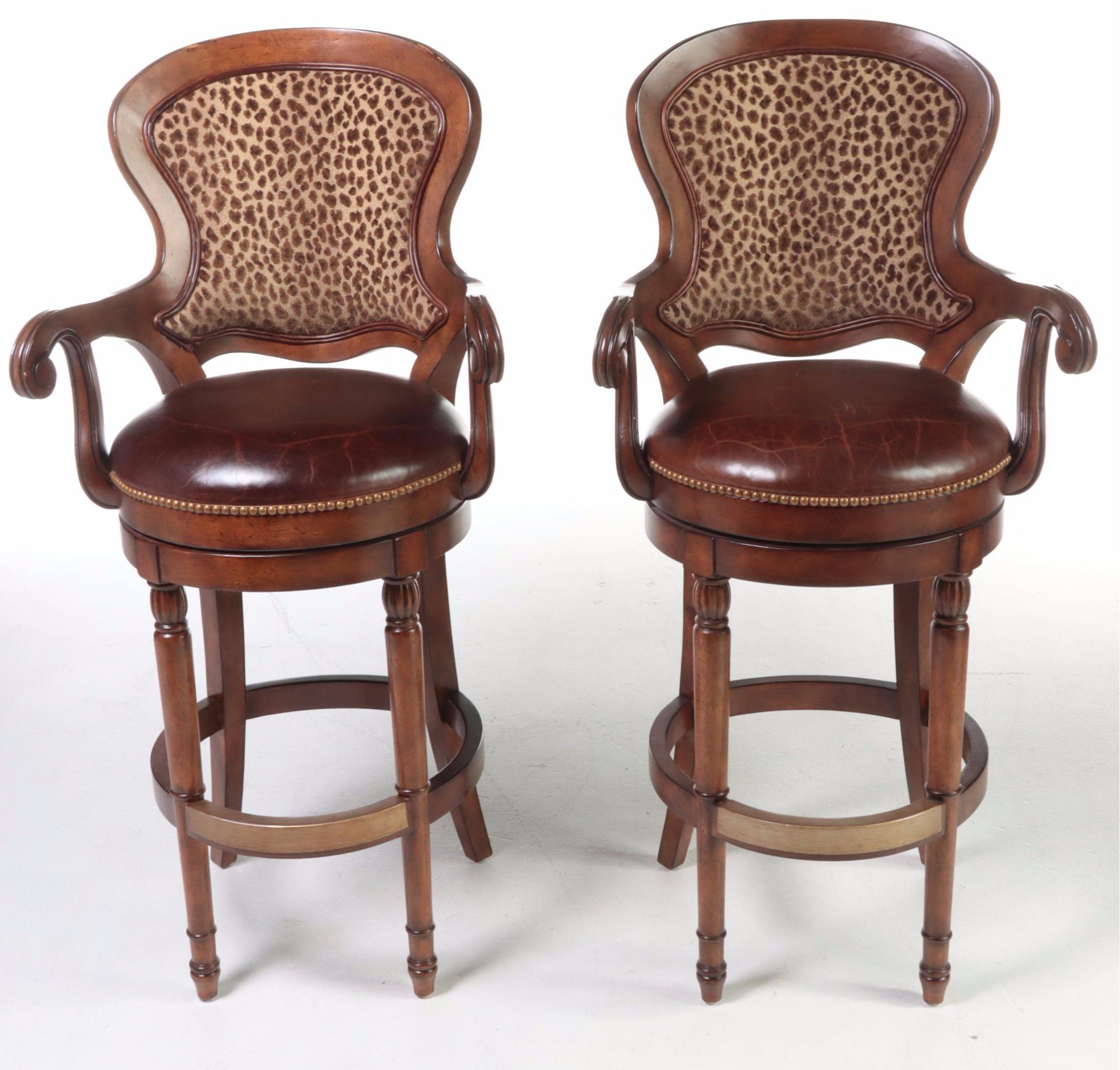 Three Drexel Heritage "Epicurean" Leather and Leopard-Print Swivel Bar Stools