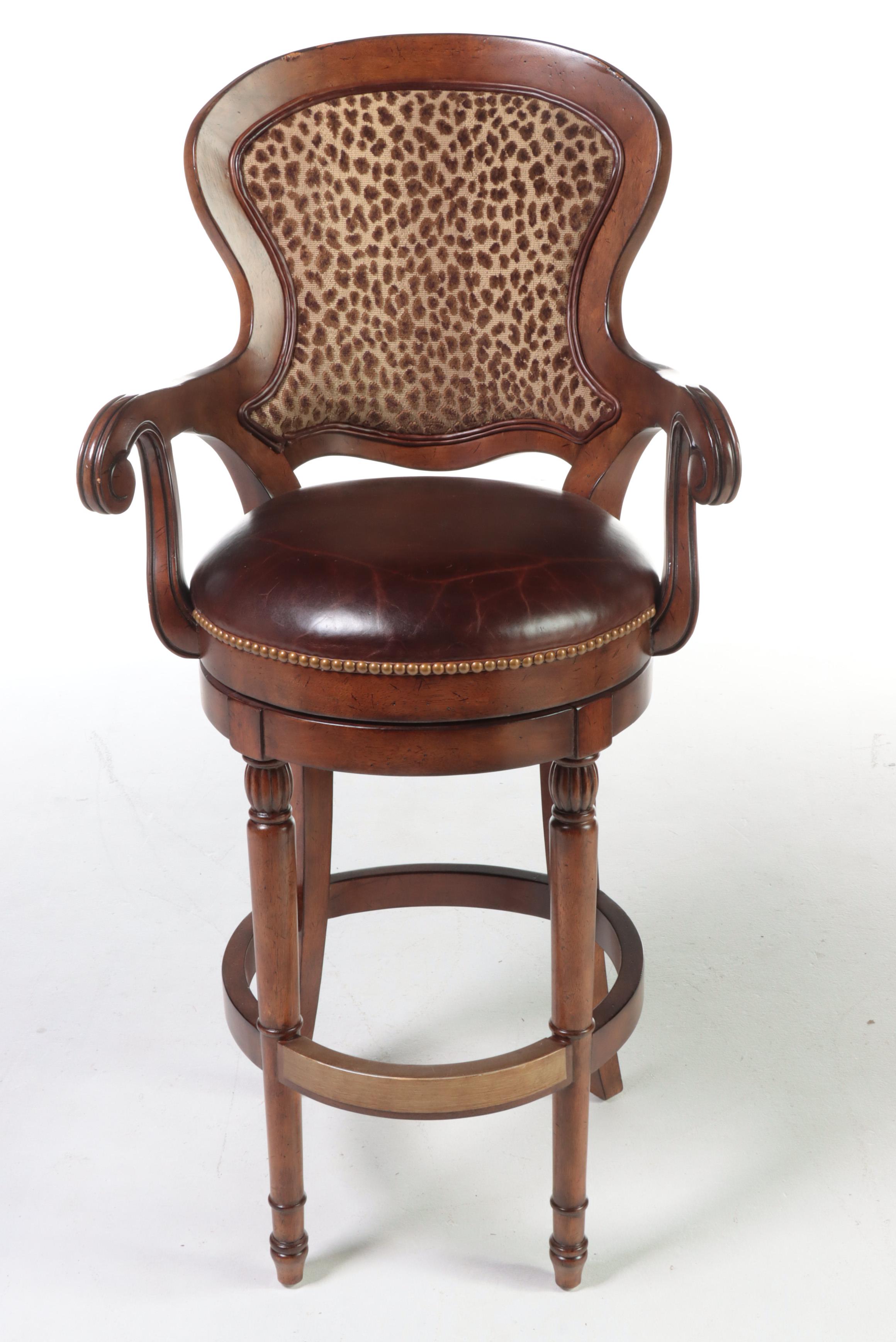 Three Drexel Heritage "Epicurean" Leather and Leopard-Print Swivel Bar Stools