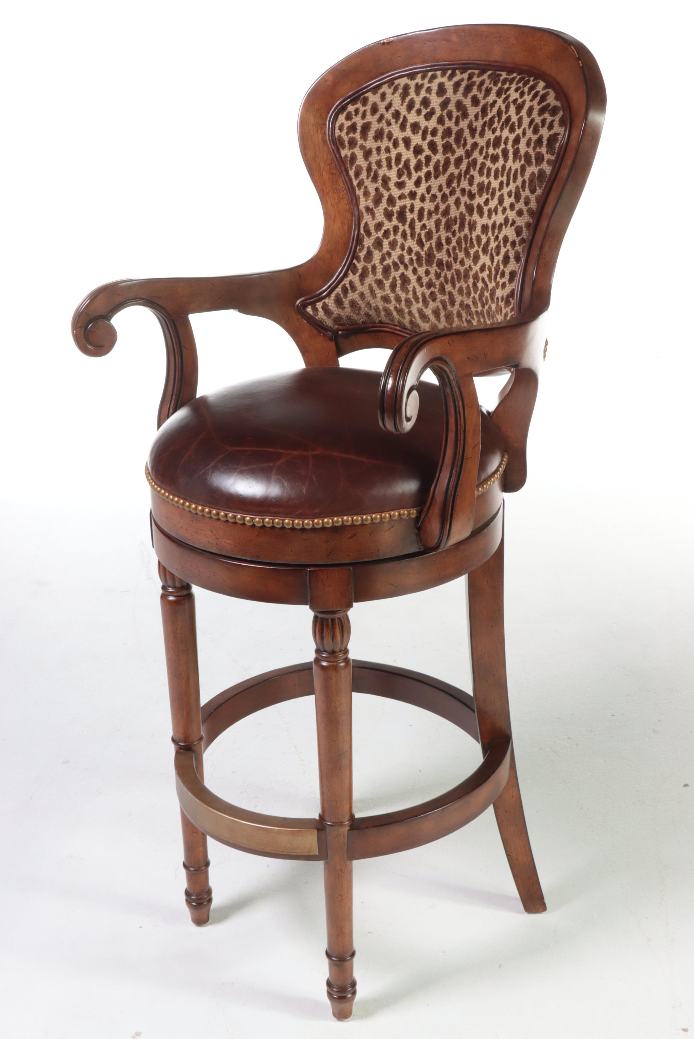 Three Drexel Heritage "Epicurean" Leather and Leopard-Print Swivel Bar Stools
