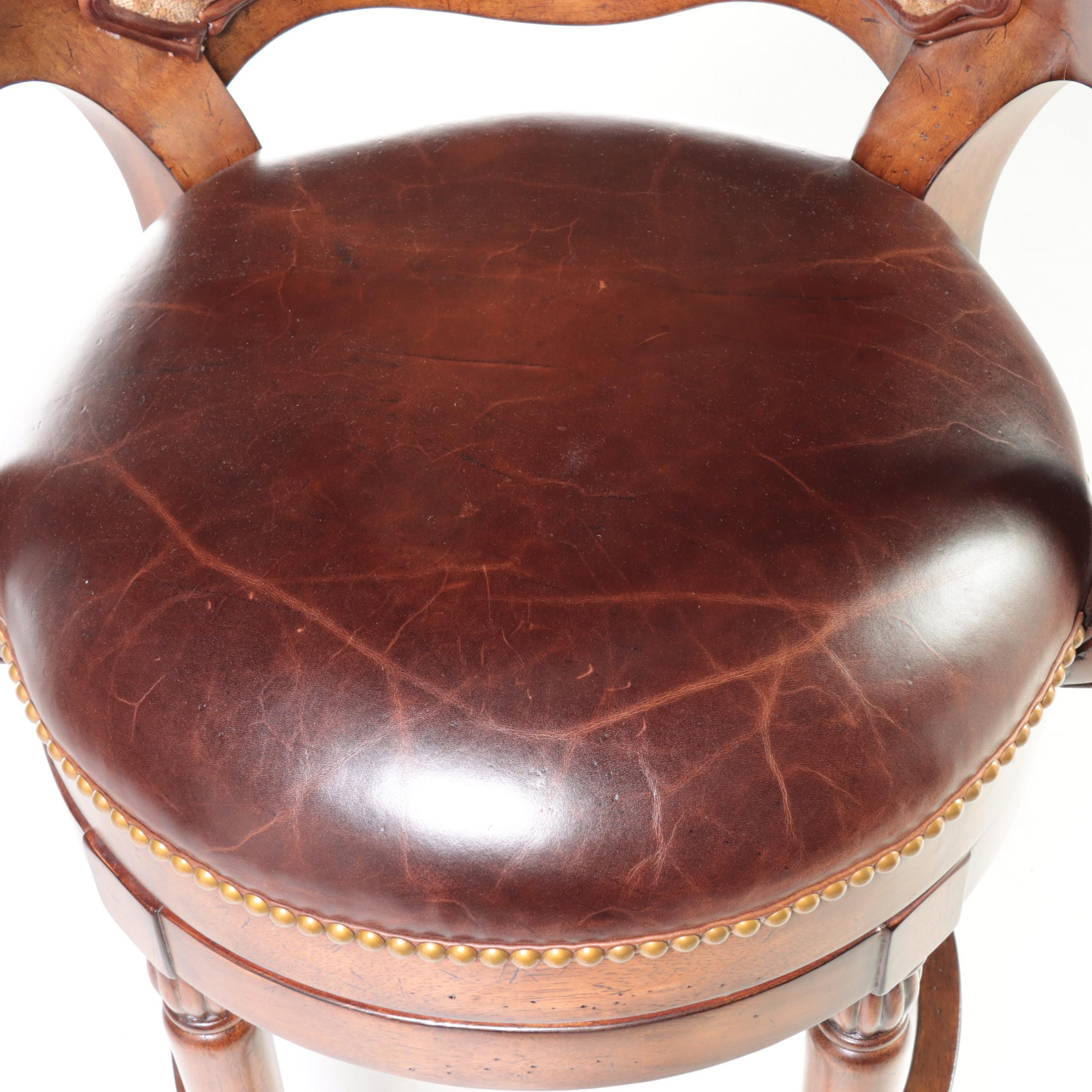 Three Drexel Heritage "Epicurean" Leather and Leopard-Print Swivel Bar Stools