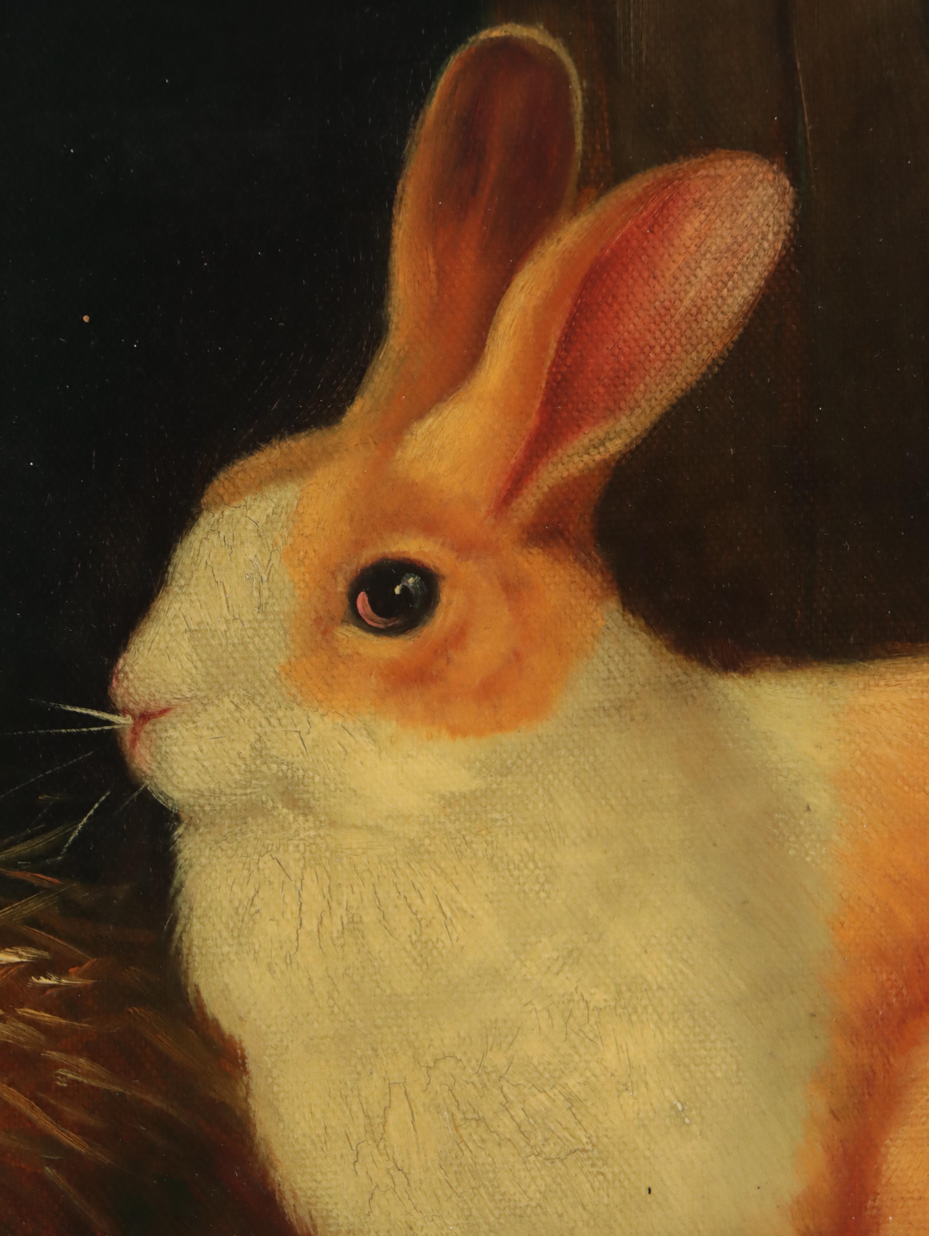 Oil Painting of Two Rabbits in Barn