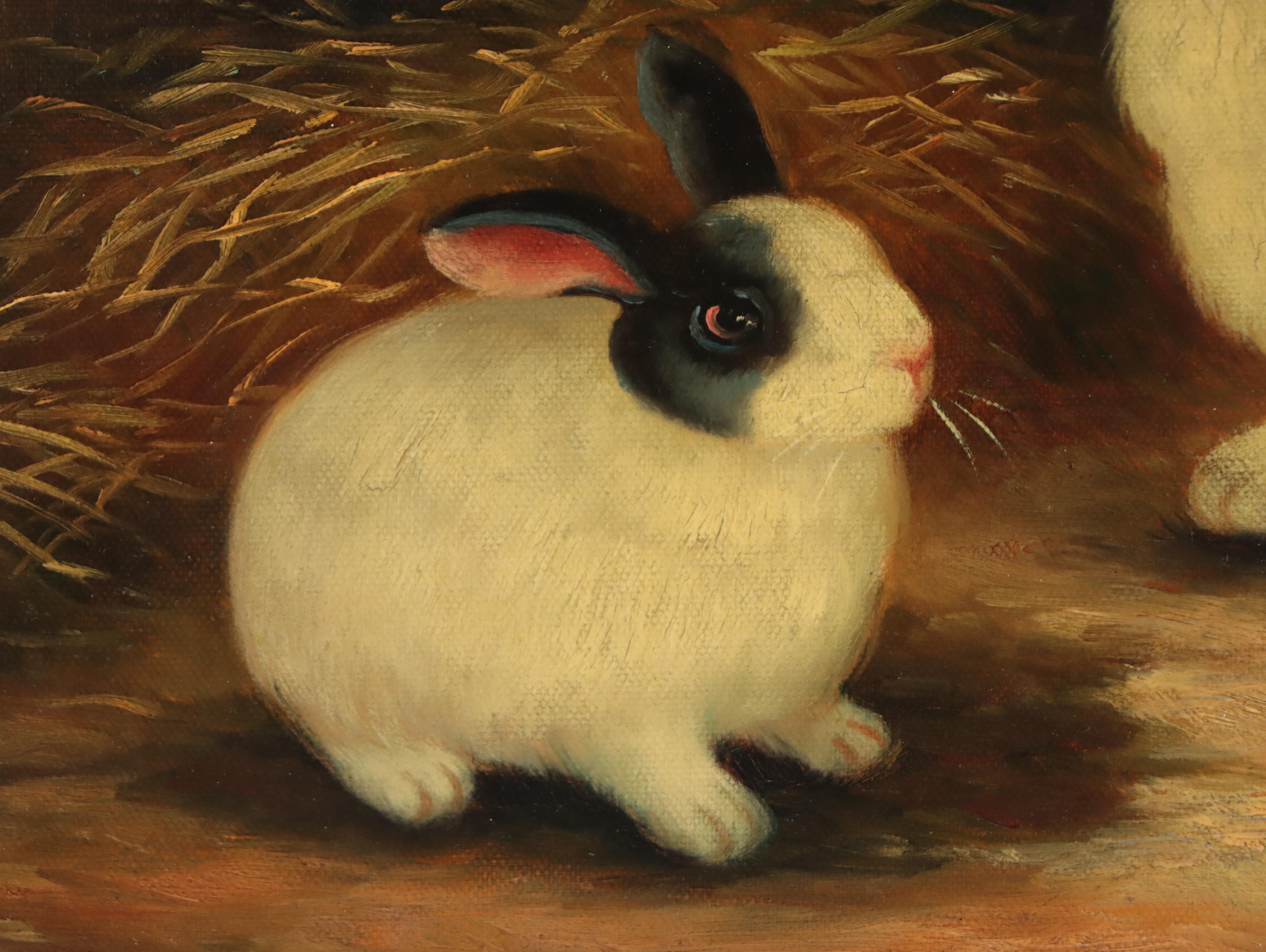 Oil Painting of Two Rabbits in Barn