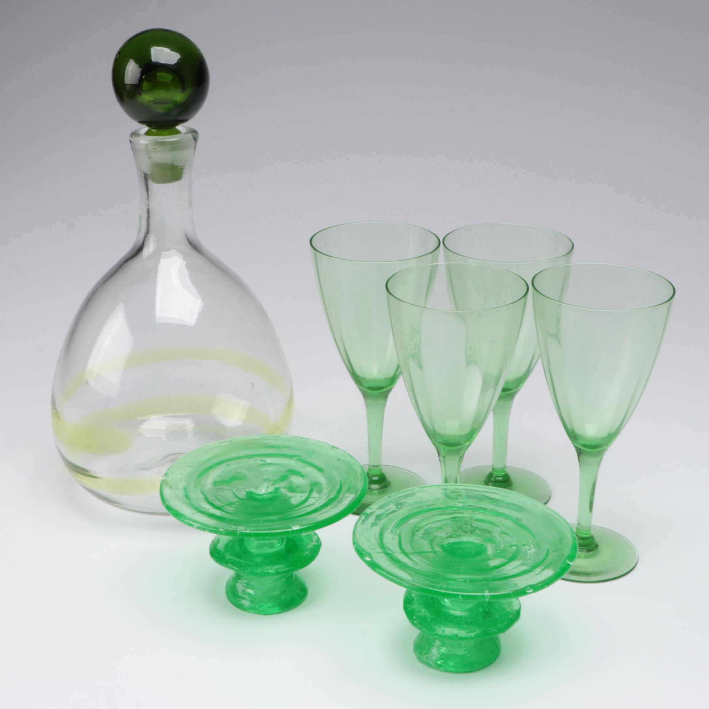 Blown Uranium Glass Candlesticks with Optic Stemware and Swirled Decanter