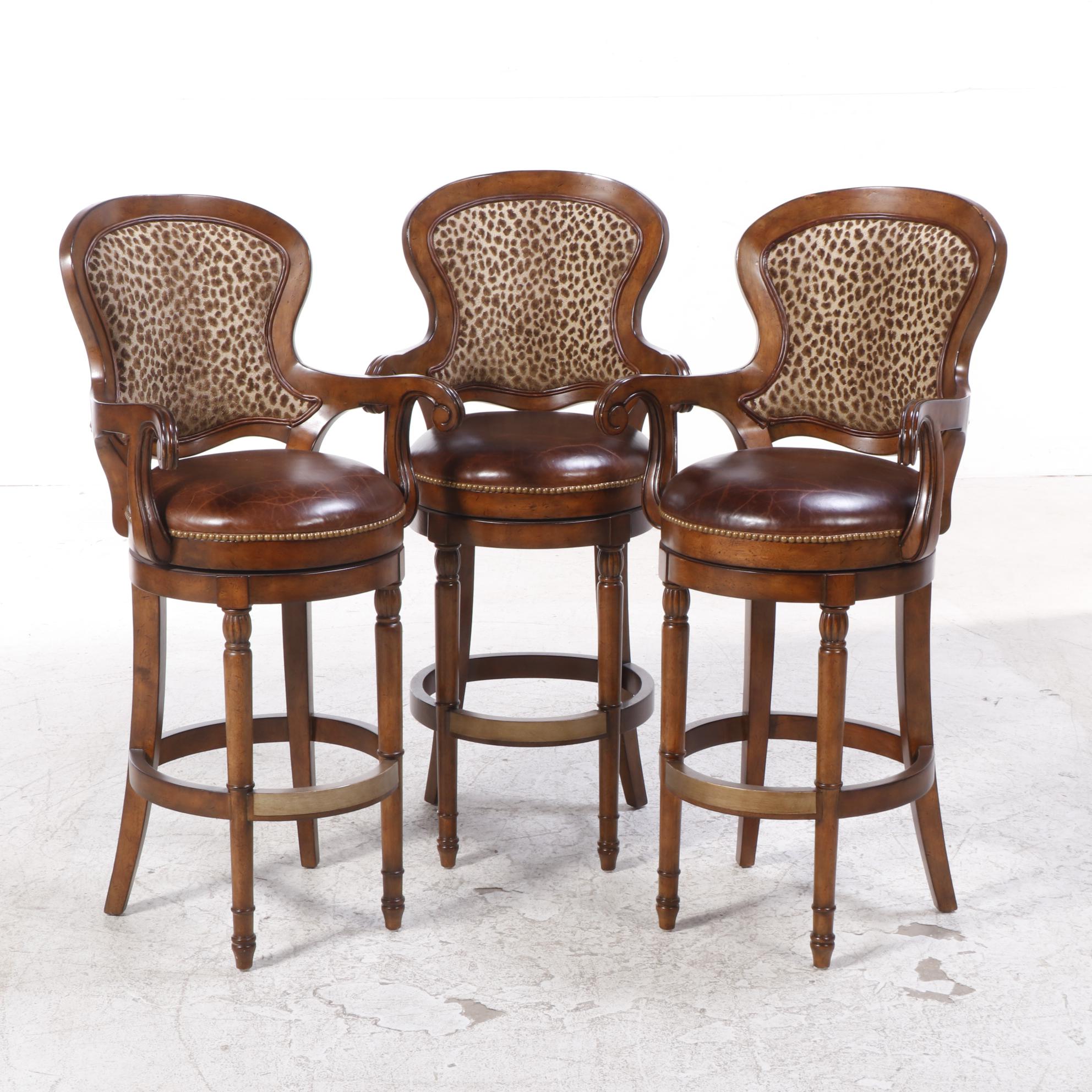 Three Drexel Heritage "Epicurean" Leather and Leopard-Print Swivel Bar Stools