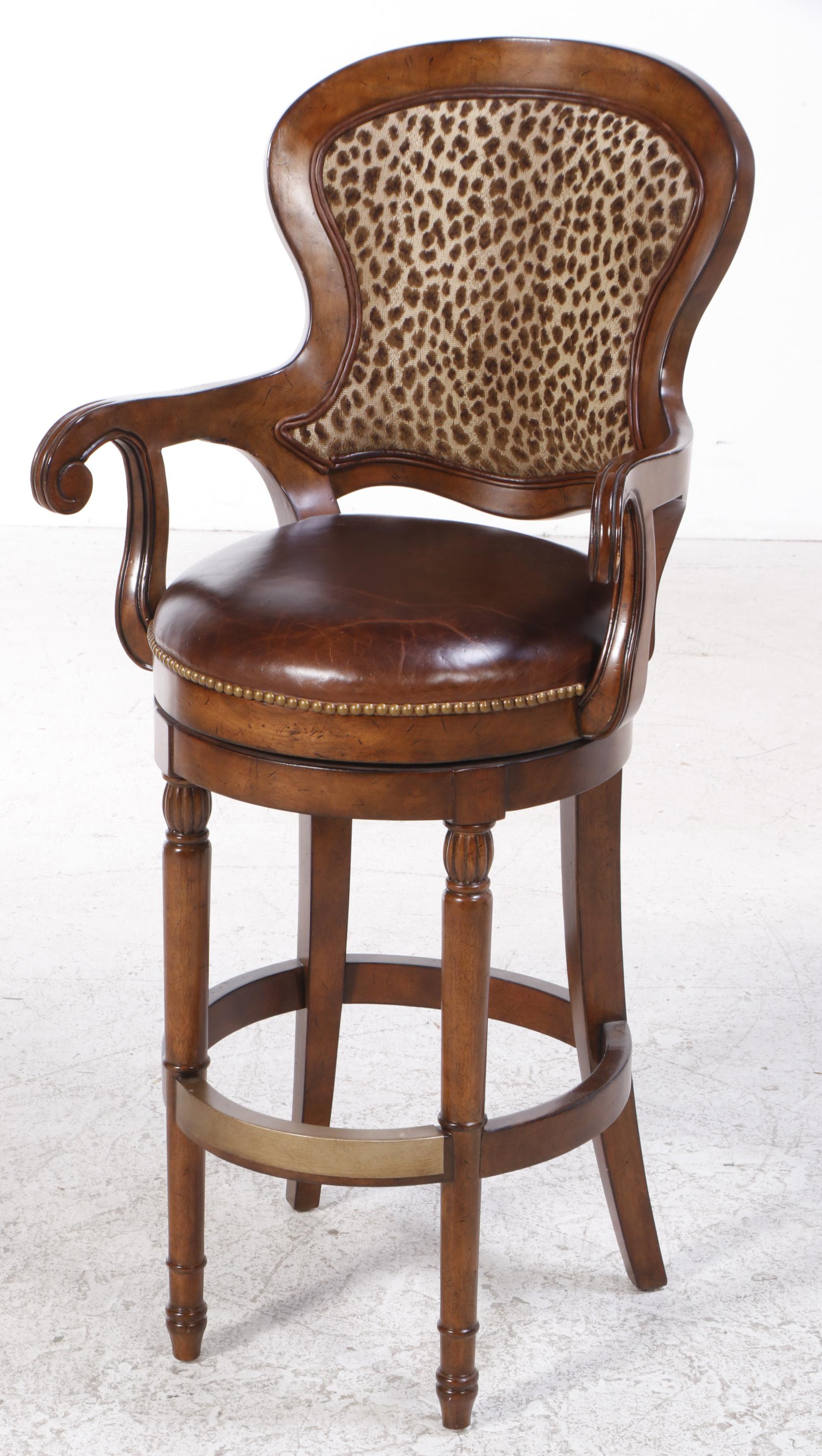 Three Drexel Heritage "Epicurean" Leather and Leopard-Print Swivel Bar Stools