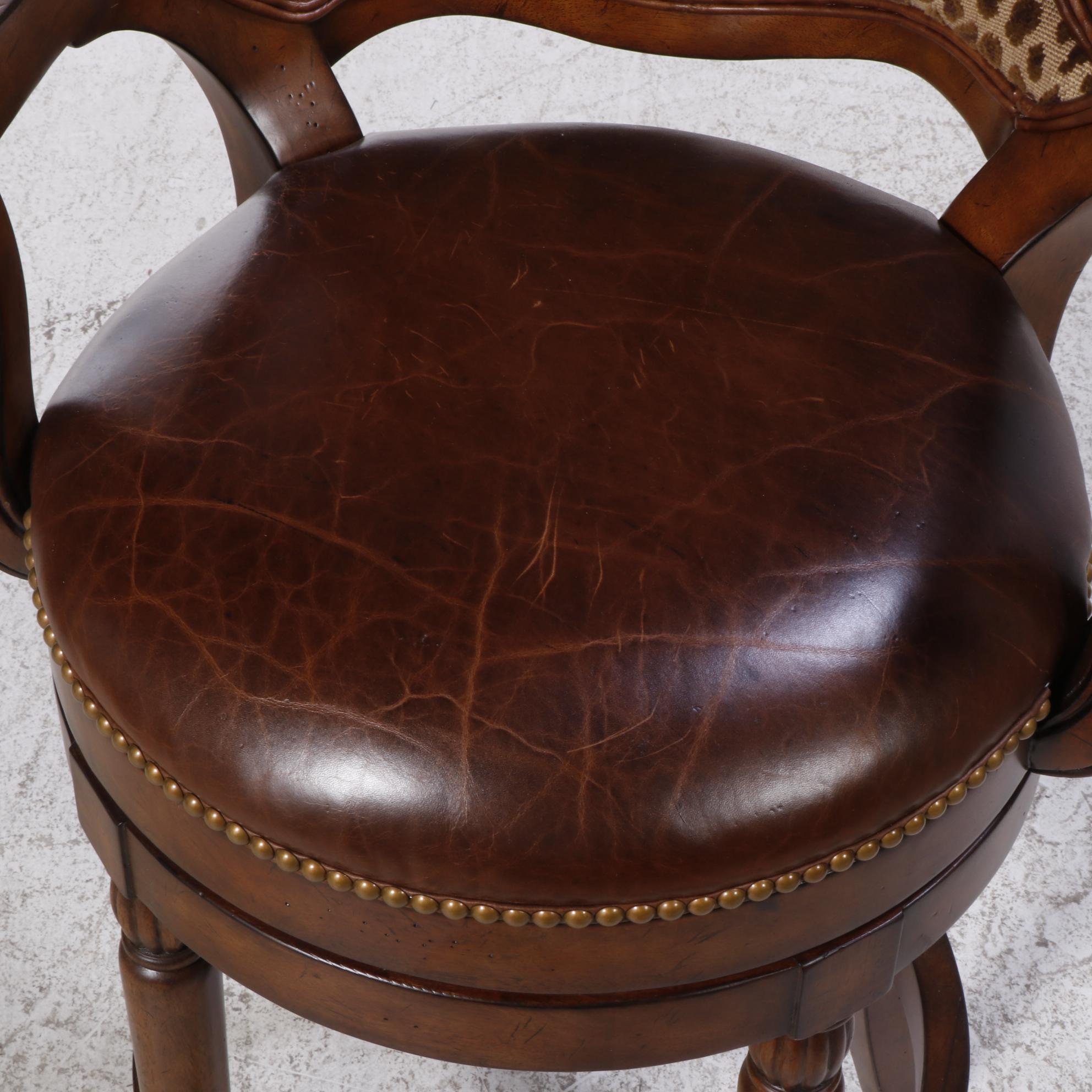 Three Drexel Heritage "Epicurean" Leather and Leopard-Print Swivel Bar Stools