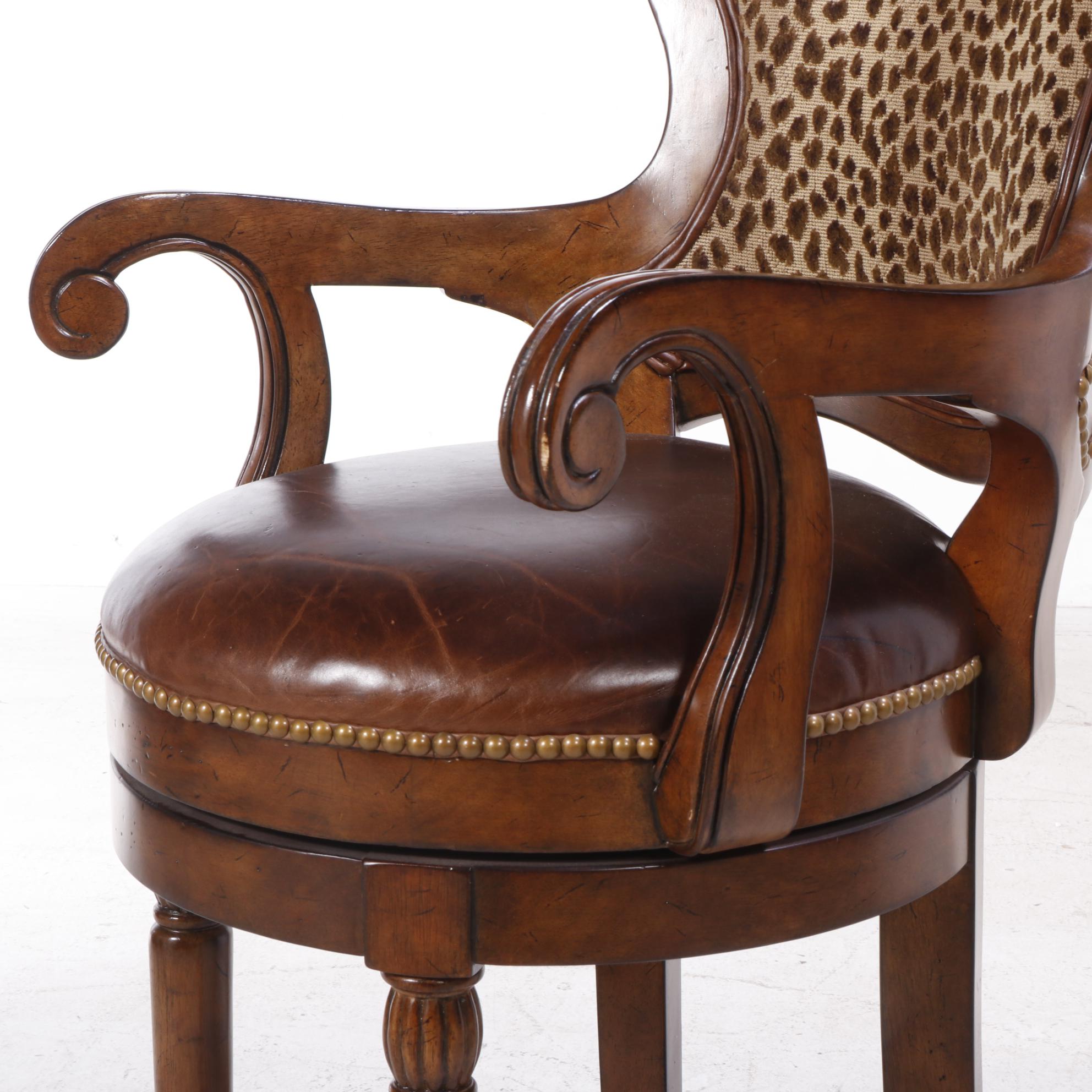 Three Drexel Heritage "Epicurean" Leather and Leopard-Print Swivel Bar Stools