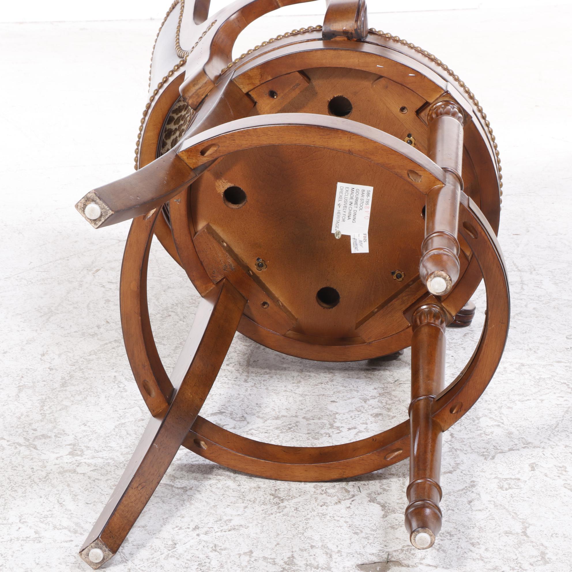 Three Drexel Heritage "Epicurean" Leather and Leopard-Print Swivel Bar Stools