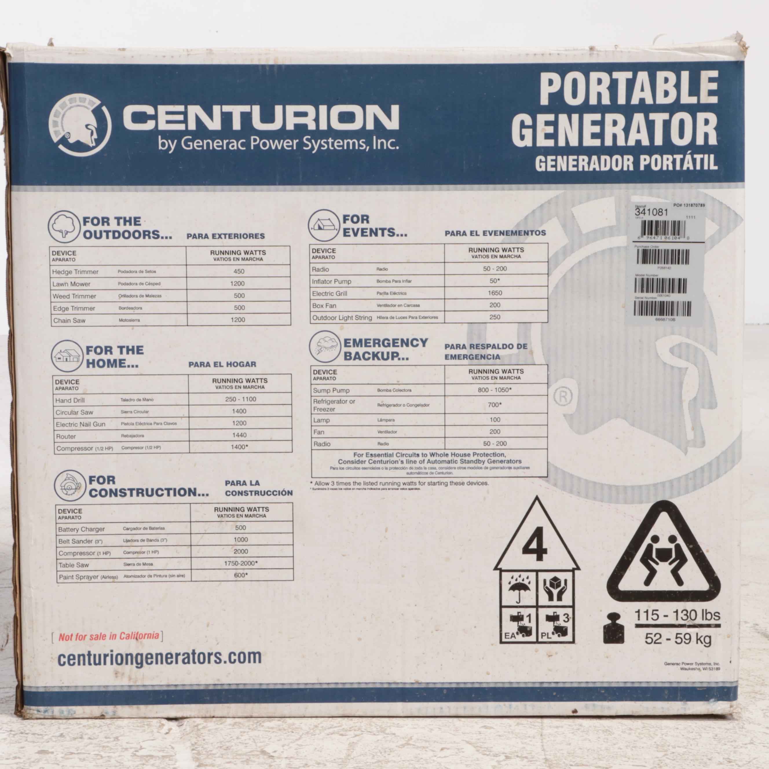 Generac Centurion 3250 Running Watts Gas Powered Portable Generator