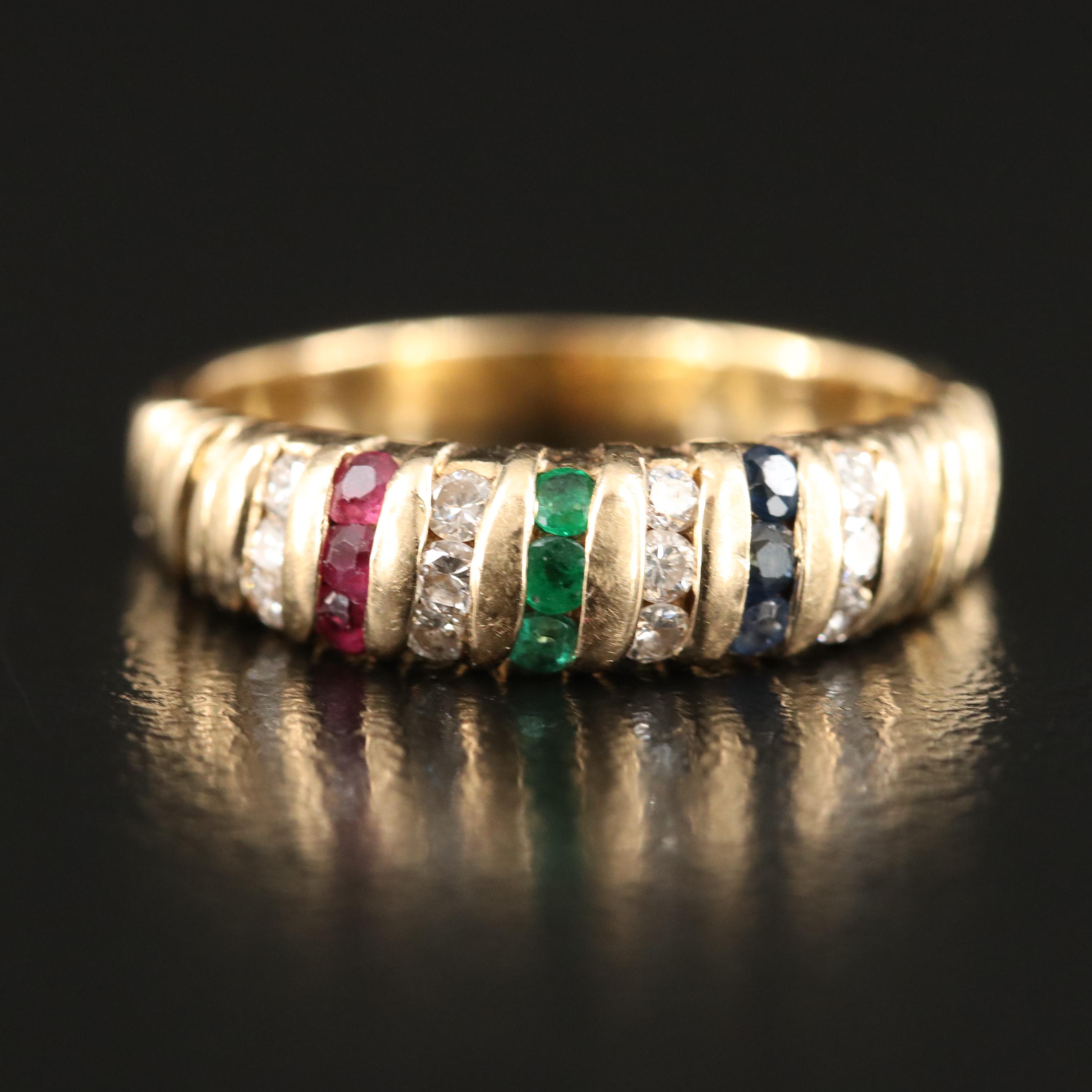 14K Diamond, Sapphire and Ruby Ring