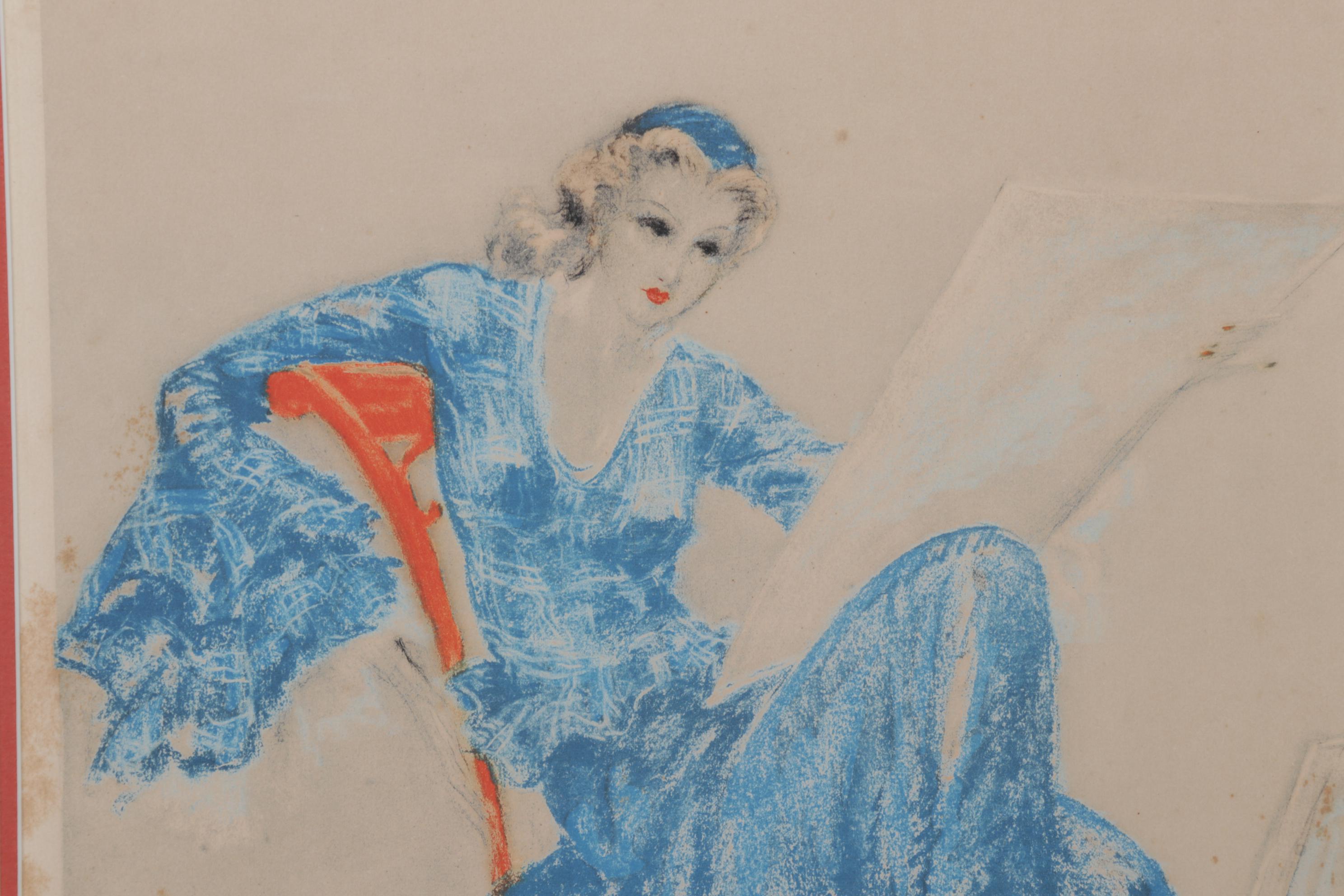 Louis Icart Color Etching of Woman Looking Through Art Portfolio, Circa 1935