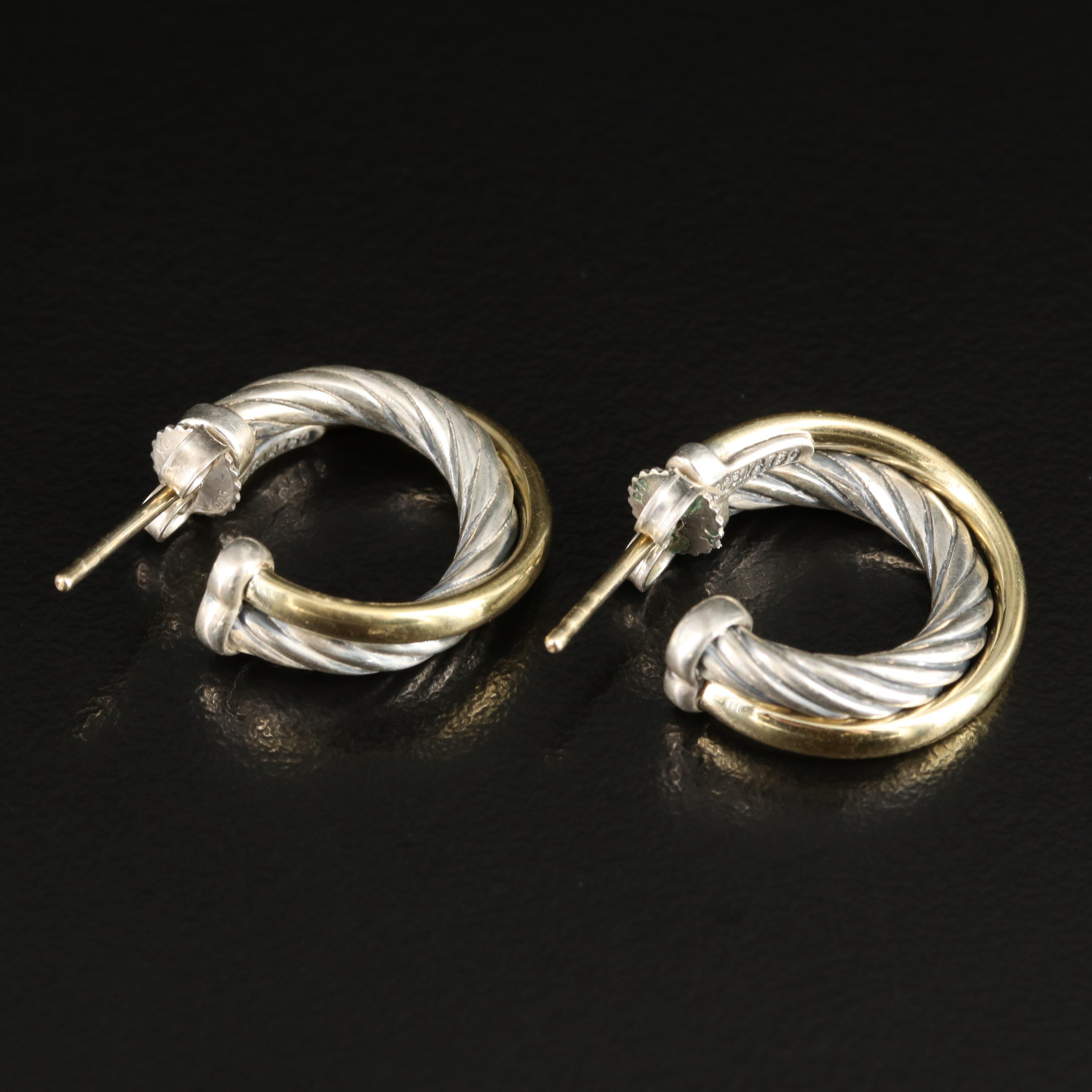 David Yurman "Crossover" Sterling Hoop Earrings with Bonded 18K Accents