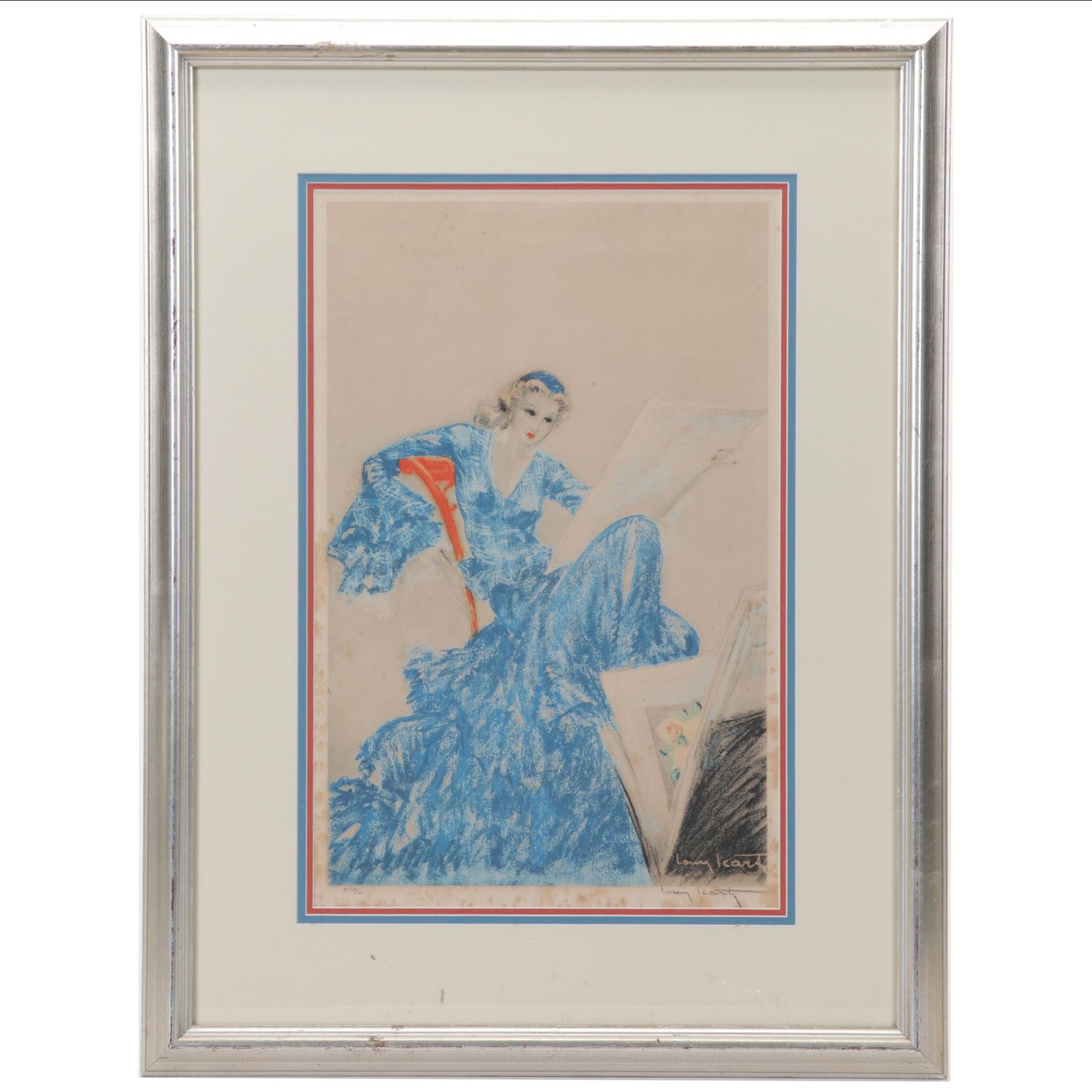 Louis Icart Color Etching of Woman Looking Through Art Portfolio, Circa 1935