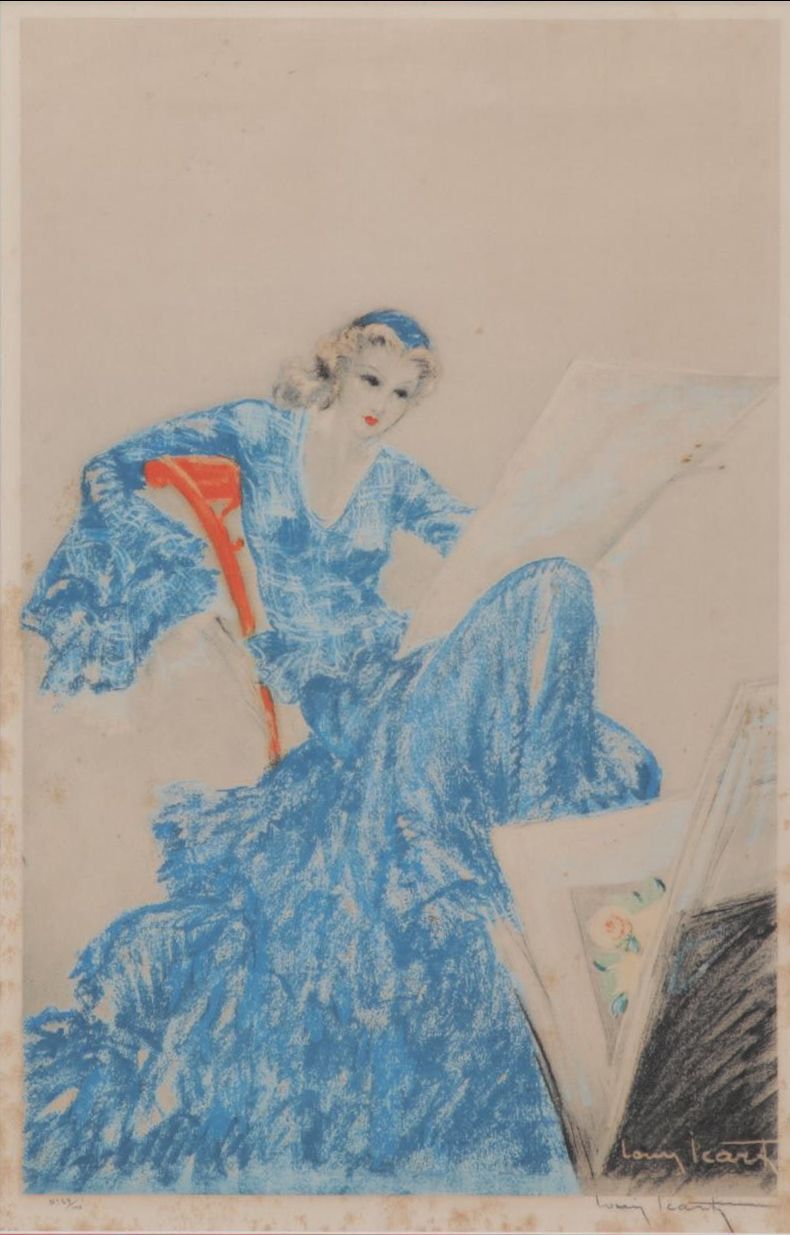 Louis Icart Color Etching of Woman Looking Through Art Portfolio, Circa 1935